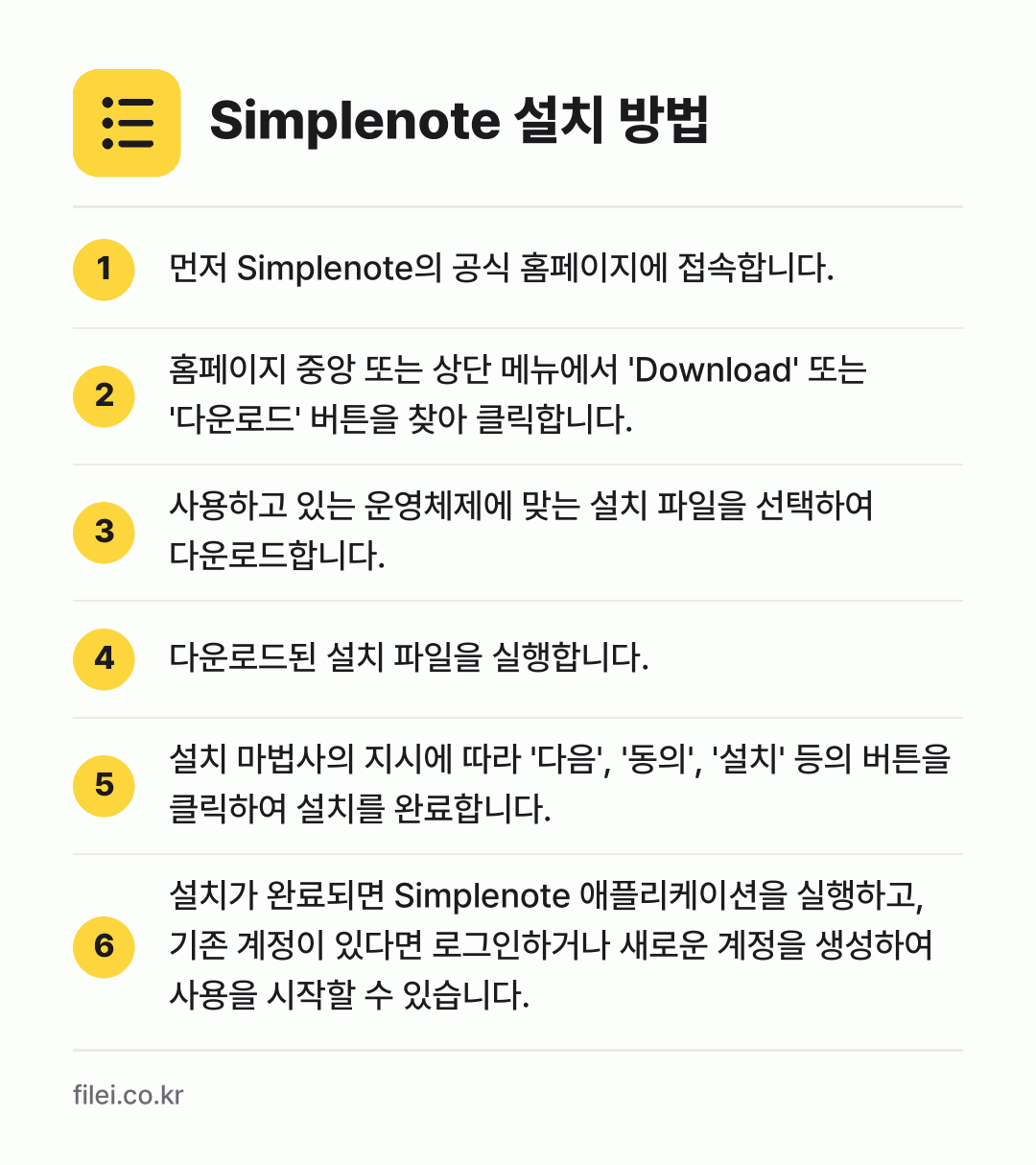 Simplenote 설치 방법: 먼저 Simplenote의 공식 홈페이지에… → 홈페이지 중앙 또는 상단 메뉴에서 'Dow… → 사용하고 있는 운영체제에 맞는 설치 파일을… → 다운로드된 설치 파일을 실행합니다. → 설치 마법사의 지시에 따라 '다음', '동… → 설치가 완료되면 Simplenote 애플리…