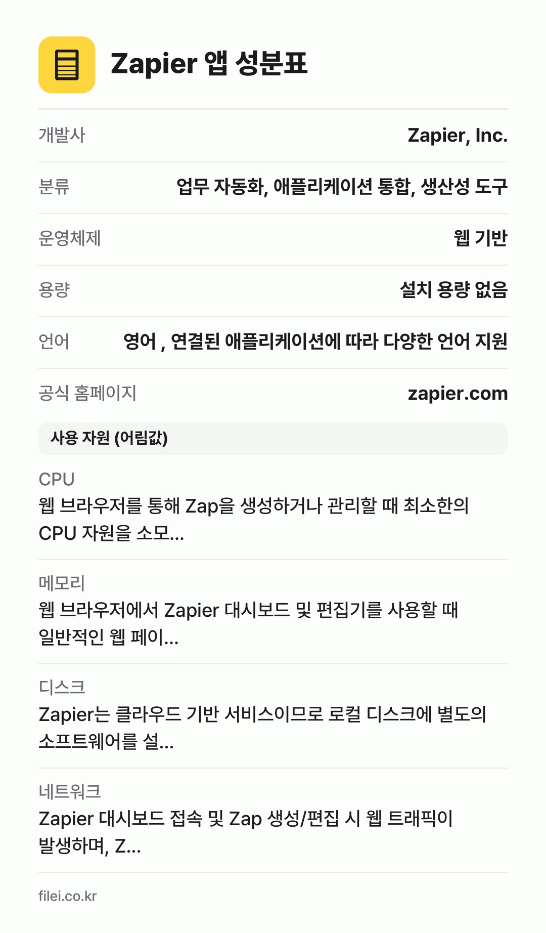 Zapier 앱 성분표: 개발사 Zapier, Inc., 분류 업무 자동화, 애플리케이션 통합, 생산성 도구, 운영체제 웹 기반, 용량 설치 용량 없음, 언어 영어 , 연결된 애플리케이션에 따라 다양한 언어 지원
