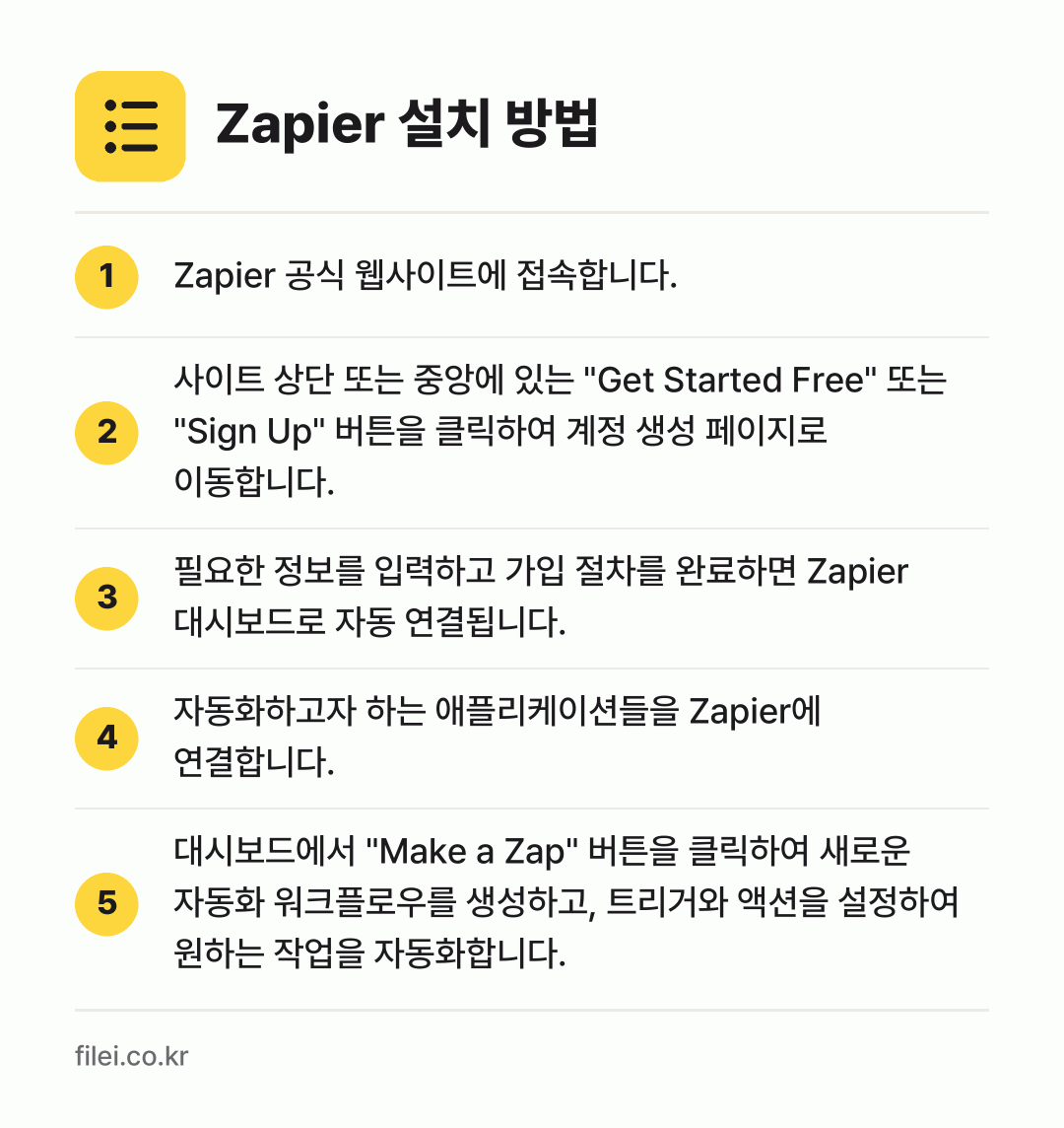 Zapier 설치 방법: Zapier 공식 웹사이트에 접속합니다. → 사이트 상단 또는 중앙에 있는 "Get S… → 필요한 정보를 입력하고 가입 절차를 완료하… → 자동화하고자 하는 애플리케이션들을 Zapi… → 대시보드에서 "Make a Zap" 버튼을…