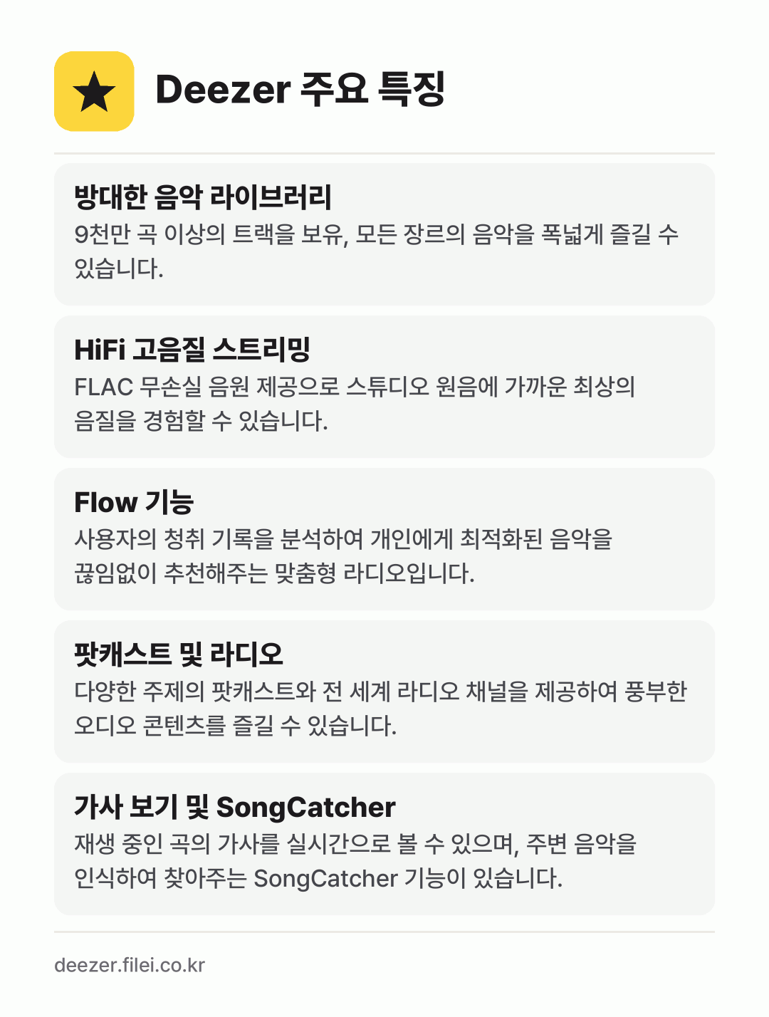 Deezer 주요 특징: 방대한 음악 라이브러리, HiFi 고음질 스트리밍, Flow 기능, 팟캐스트 및 라디오, 가사 보기 및 SongCatcher