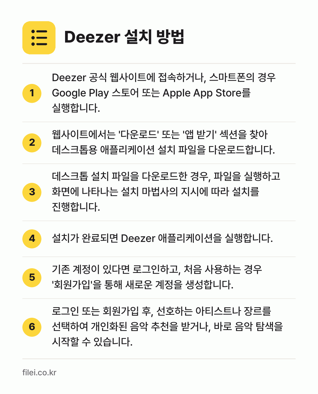 Deezer 설치 방법: Deezer 공식 웹사이트에 접속하거나,… → 웹사이트에서는 '다운로드' 또는 '앱 받기… → 데스크톱 설치 파일을 다운로드한 경우, 파… → 설치가 완료되면 Deezer 애플리케이션을… → 기존 계정이 있다면 로그인하고, 처음 사용… → 로그인 또는 회원가입 후, 선호하는 아티스…