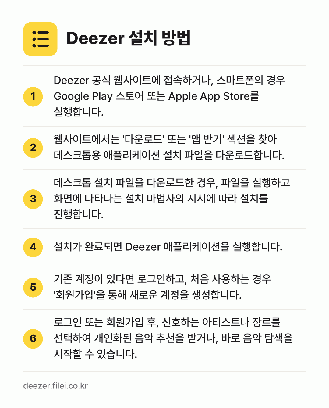 Deezer 설치 방법: Deezer 공식 웹사이트에 접속하거나,… → 웹사이트에서는 '다운로드' 또는 '앱 받기… → 데스크톱 설치 파일을 다운로드한 경우, 파… → 설치가 완료되면 Deezer 애플리케이션을… → 기존 계정이 있다면 로그인하고, 처음 사용… → 로그인 또는 회원가입 후, 선호하는 아티스…