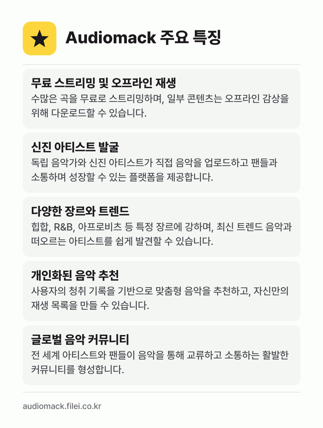 Audiomack 주요 특징: 무료 스트리밍 및 오프라인 재생, 신진 아티스트 발굴, 다양한 장르와 트렌드, 개인화된 음악 추천, 글로벌 음악 커뮤니티