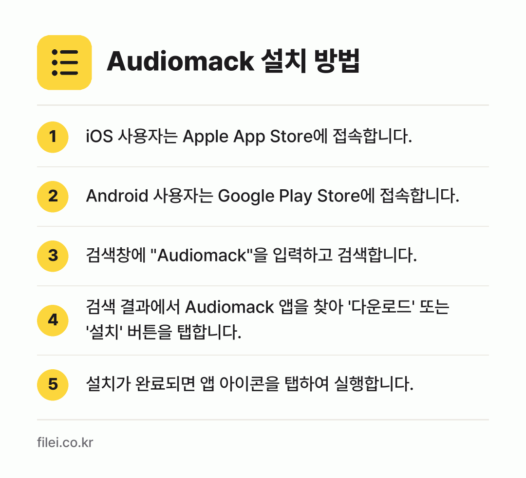 Audiomack 설치 방법: iOS 사용자는 Apple App Stor… → Android 사용자는 Google Pla… → 검색창에 "Audiomack"을 입력하고… → 검색 결과에서 Audiomack 앱을 찾아… → 설치가 완료되면 앱 아이콘을 탭하여 실행합…