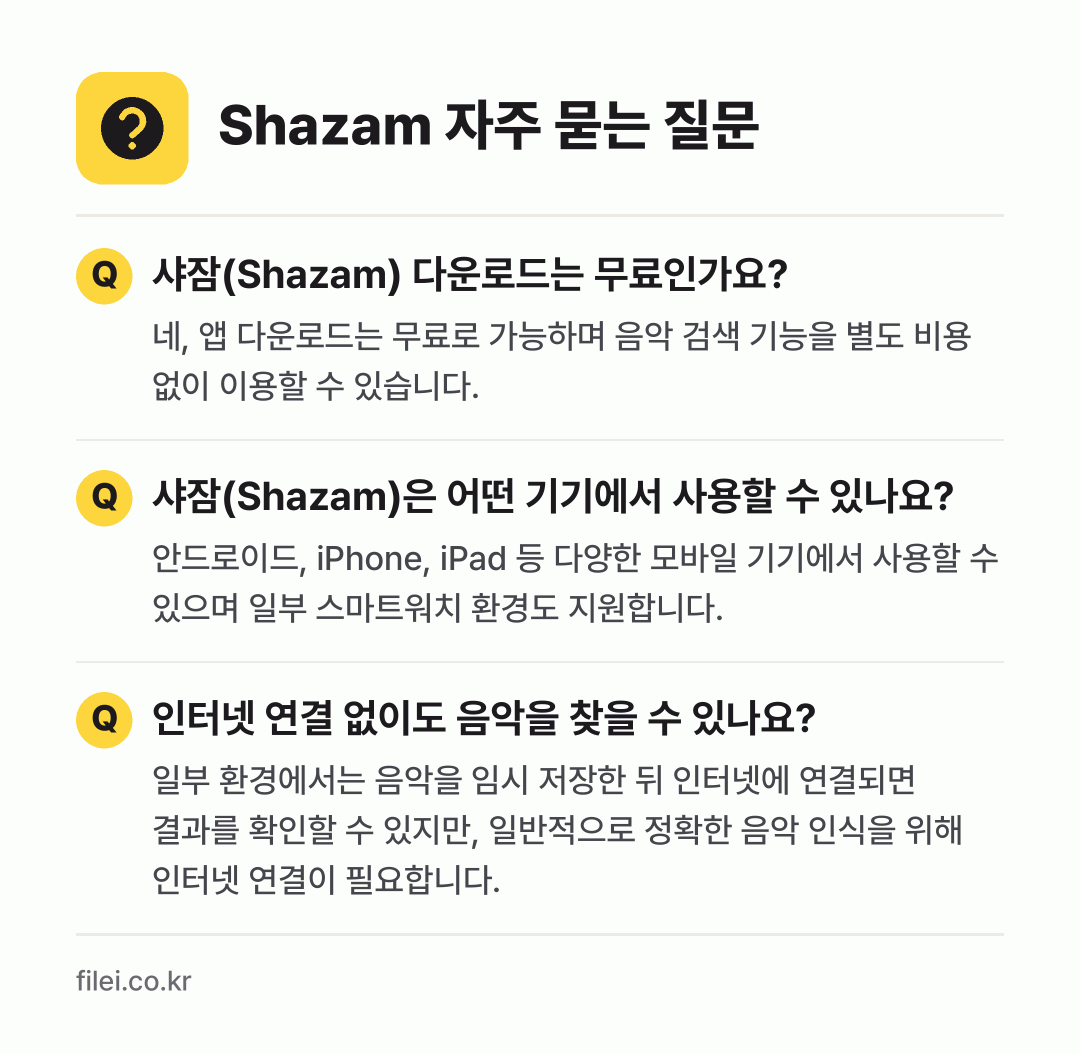 Shazam 자주 묻는 질문: 샤잠(Shazam) 다운로드는 무료인가요? / 샤잠(Shazam)은 어떤 기기에서 사용할 수 있나요? / 인터넷 연결 없이도 음악을 찾을 수 있나요?
