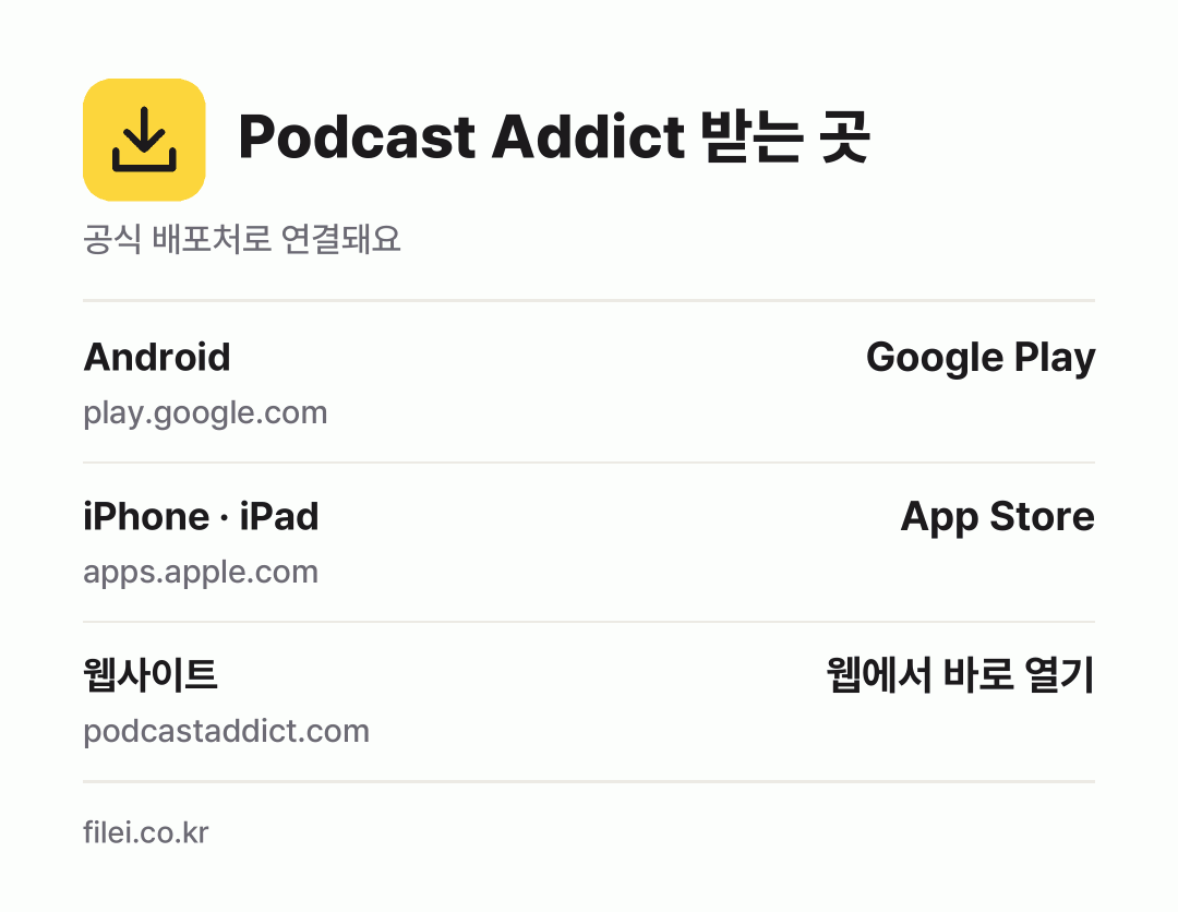 Podcast Addict 받는 곳: Android, iPhone · iPad, 웹사이트