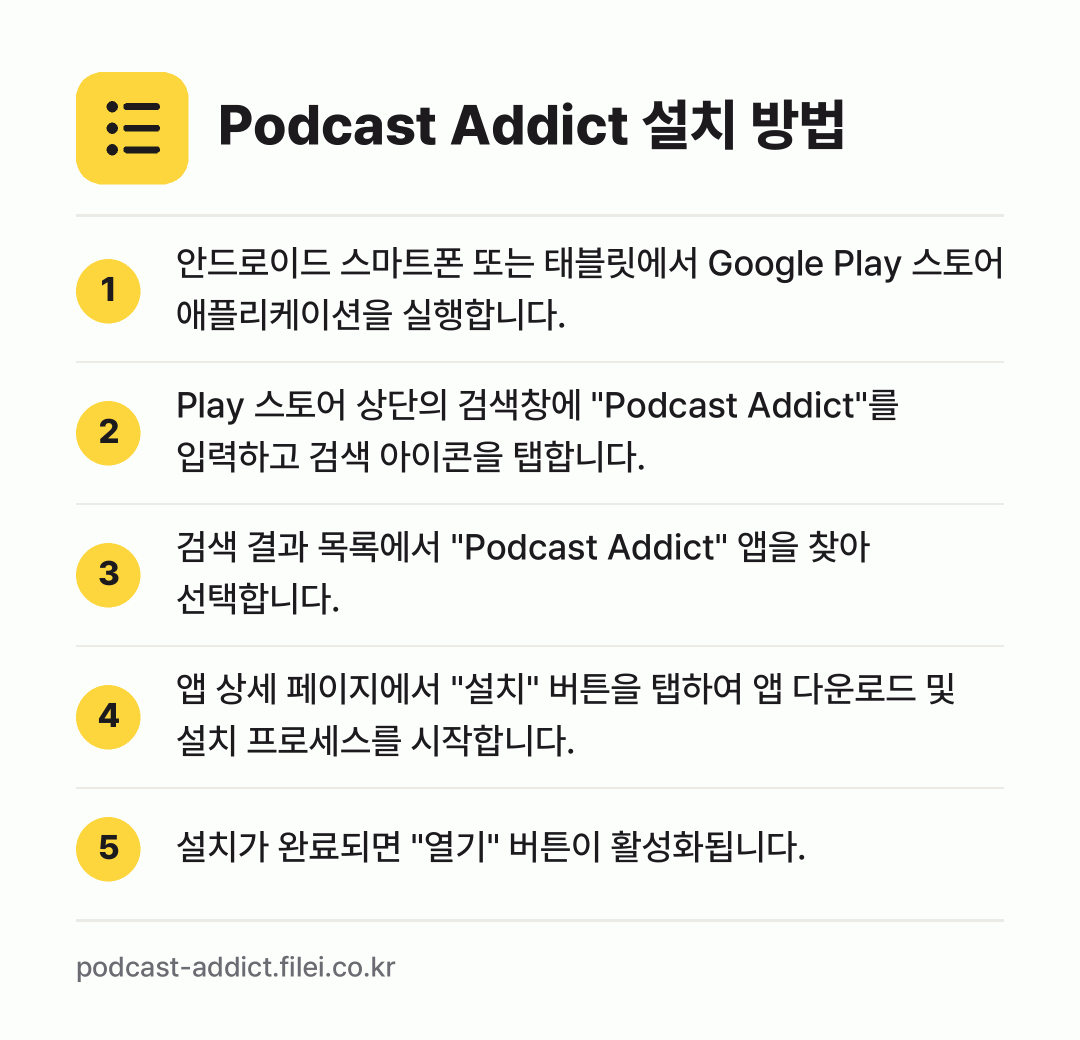 Podcast Addict 설치 방법: 안드로이드 스마트폰 또는 태블릿에서 Goo… → Play 스토어 상단의 검색창에 "Podc… → 검색 결과 목록에서 "Podcast Add… → 앱 상세 페이지에서 "설치" 버튼을 탭하여… → 설치가 완료되면 "열기" 버튼이 활성화됩니…