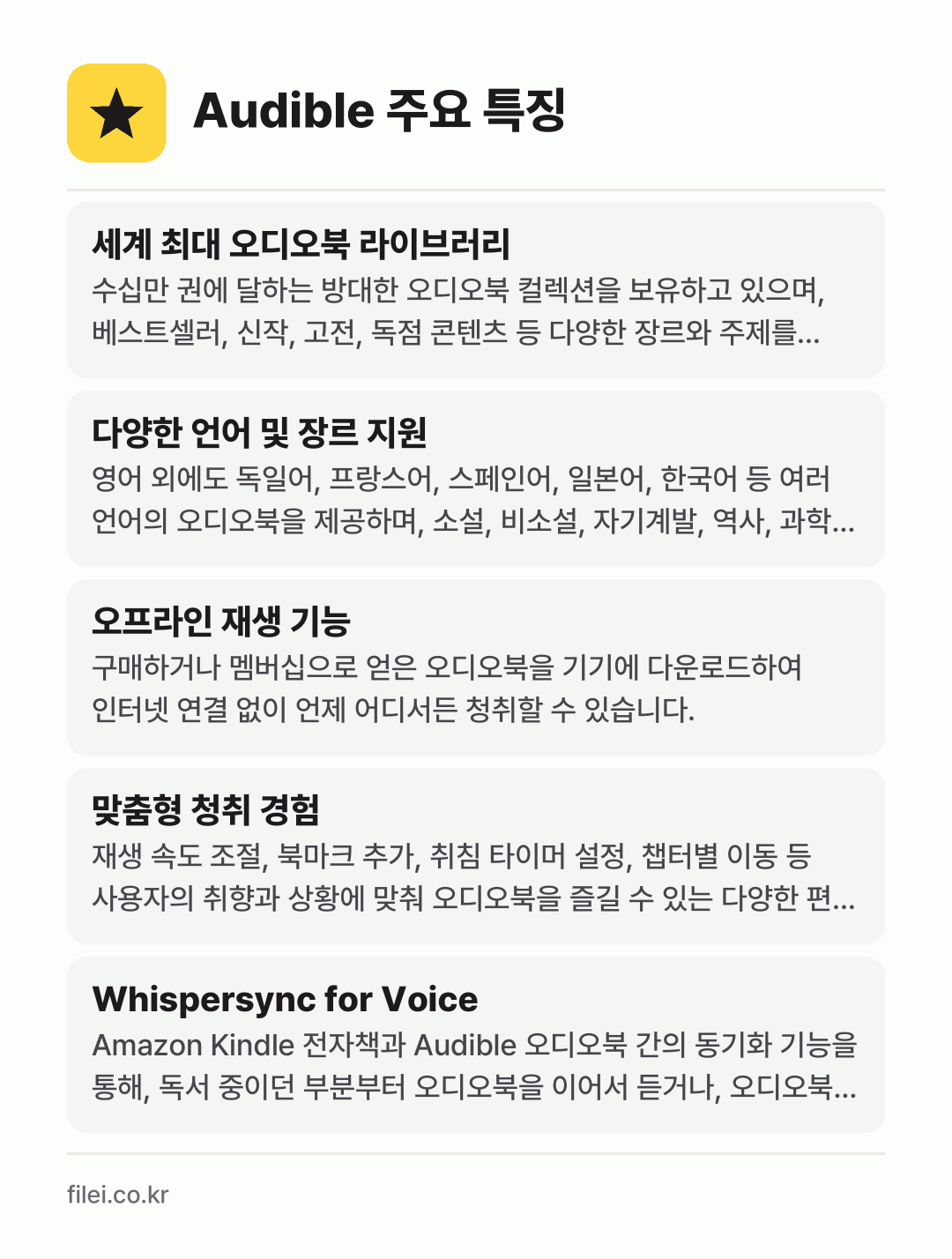 Audible 주요 특징: 세계 최대 오디오북 라이브러리, 다양한 언어 및 장르 지원, 오프라인 재생 기능, 맞춤형 청취 경험, Whispersync for Voice