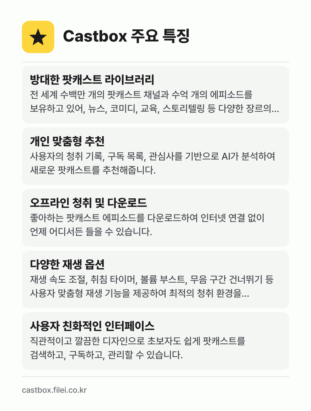 Castbox 주요 특징: 방대한 팟캐스트 라이브러리, 개인 맞춤형 추천, 오프라인 청취 및 다운로드, 다양한 재생 옵션, 사용자 친화적인 인터페이스