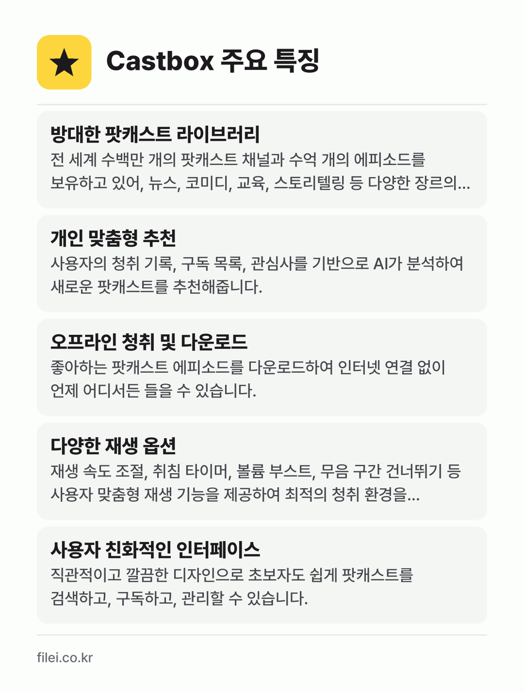Castbox 주요 특징: 방대한 팟캐스트 라이브러리, 개인 맞춤형 추천, 오프라인 청취 및 다운로드, 다양한 재생 옵션, 사용자 친화적인 인터페이스