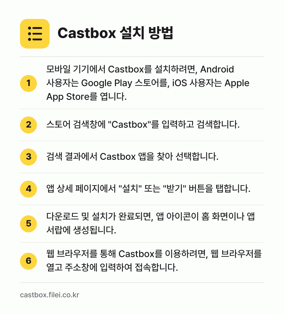 Castbox 설치 방법: 모바일 기기에서 Castbox를 설치하려면… → 스토어 검색창에 "Castbox"를 입력하… → 검색 결과에서 Castbox 앱을 찾아 선… → 앱 상세 페이지에서 "설치" 또는 "받기"… → 다운로드 및 설치가 완료되면, 앱 아이콘이… → 웹 브라우저를 통해 Castbox를 이용하…