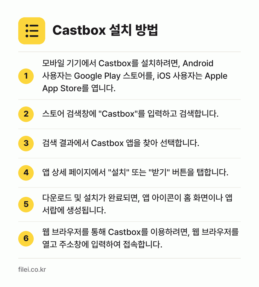Castbox 설치 방법: 모바일 기기에서 Castbox를 설치하려면… → 스토어 검색창에 "Castbox"를 입력하… → 검색 결과에서 Castbox 앱을 찾아 선… → 앱 상세 페이지에서 "설치" 또는 "받기"… → 다운로드 및 설치가 완료되면, 앱 아이콘이… → 웹 브라우저를 통해 Castbox를 이용하…