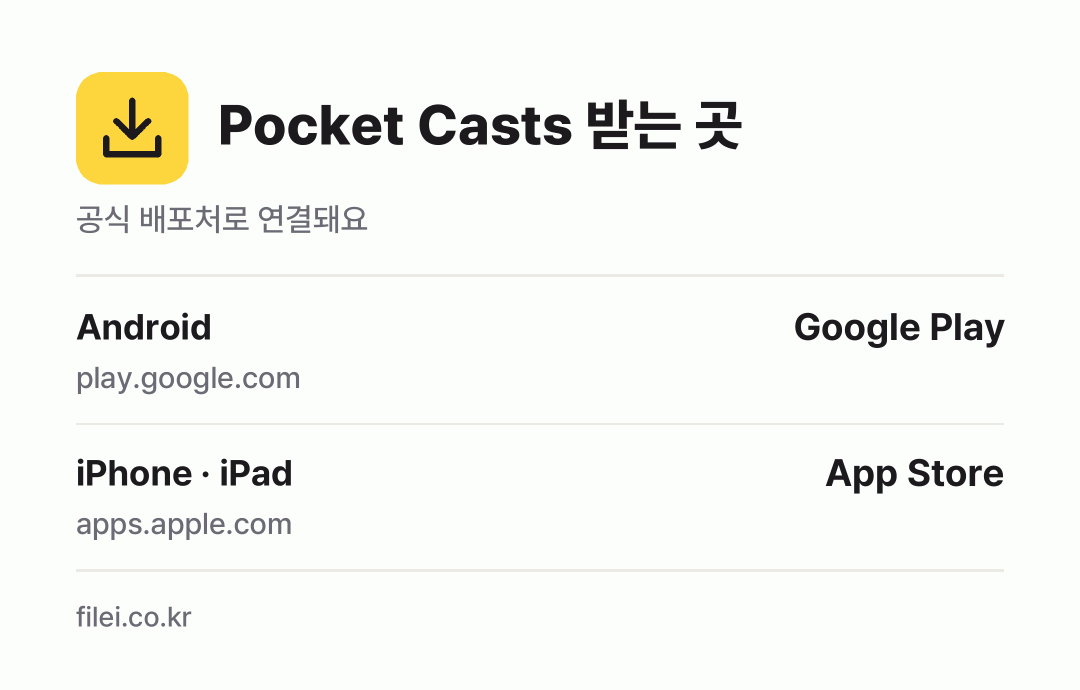 Pocket Casts 받는 곳: Android, iPhone · iPad