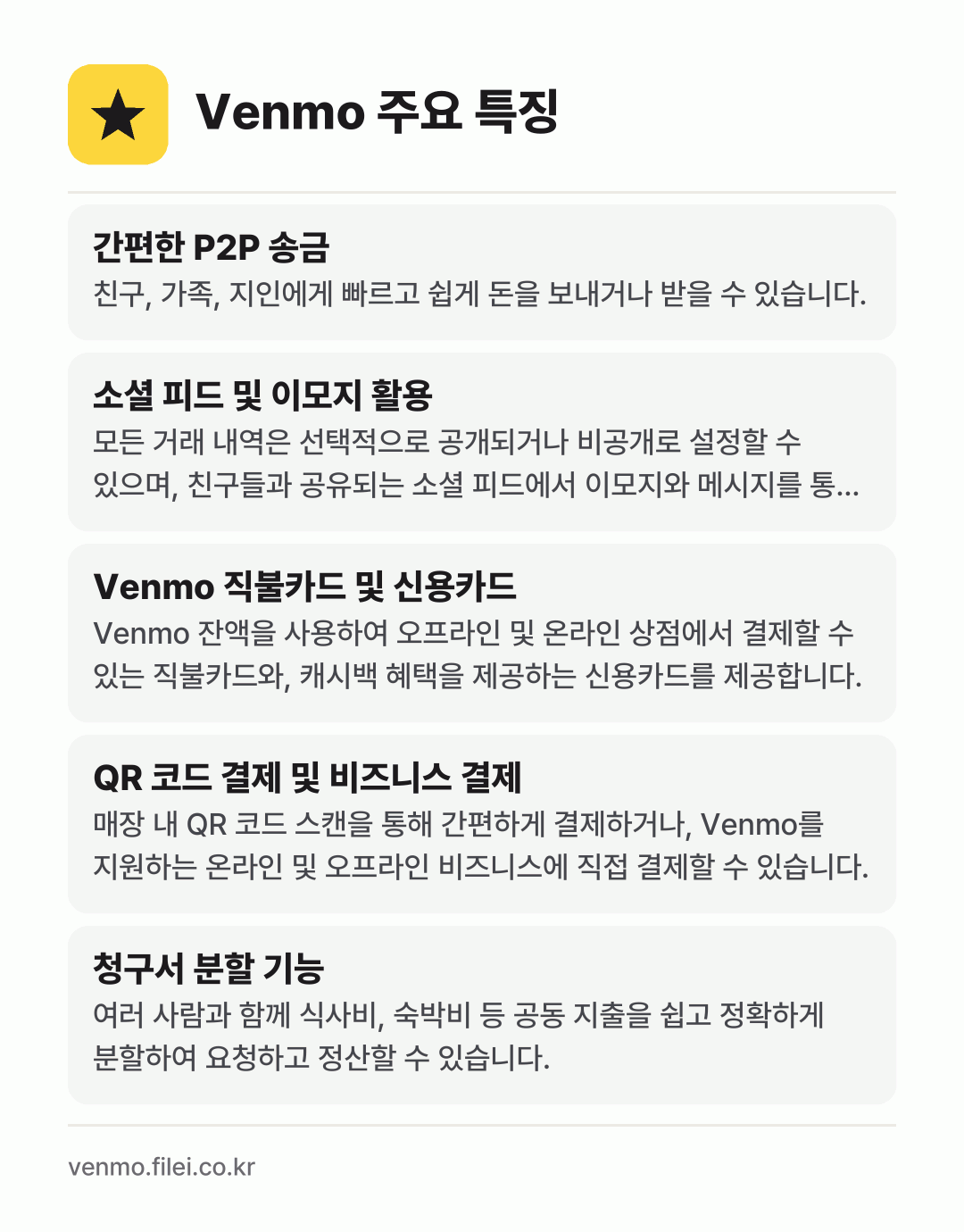 Venmo 주요 특징: 간편한 P2P 송금, 소셜 피드 및 이모지 활용, Venmo 직불카드 및 신용카드, QR 코드 결제 및 비즈니스 결제, 청구서 분할 기능