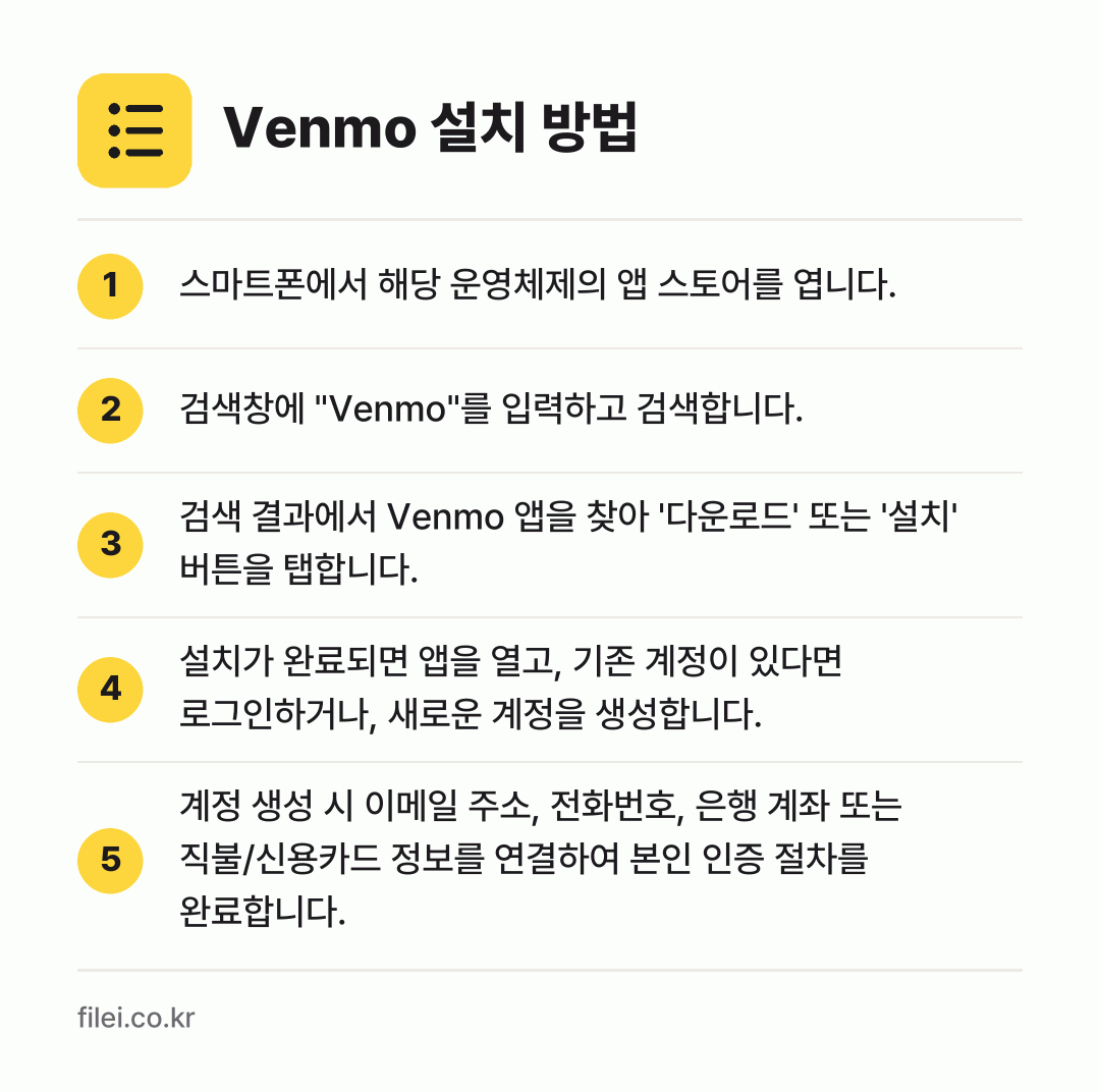 Venmo 설치 방법: 스마트폰에서 해당 운영체제의 앱 스토어를… → 검색창에 "Venmo"를 입력하고 검색합니… → 검색 결과에서 Venmo 앱을 찾아 '다운… → 설치가 완료되면 앱을 열고, 기존 계정이… → 계정 생성 시 이메일 주소, 전화번호, 은…