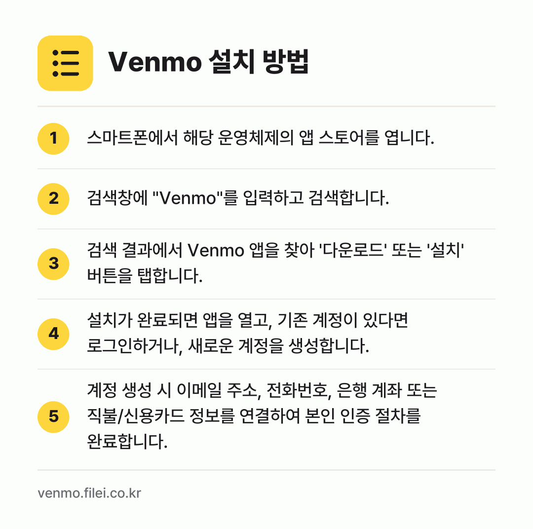 Venmo 설치 방법: 스마트폰에서 해당 운영체제의 앱 스토어를… → 검색창에 "Venmo"를 입력하고 검색합니… → 검색 결과에서 Venmo 앱을 찾아 '다운… → 설치가 완료되면 앱을 열고, 기존 계정이… → 계정 생성 시 이메일 주소, 전화번호, 은…