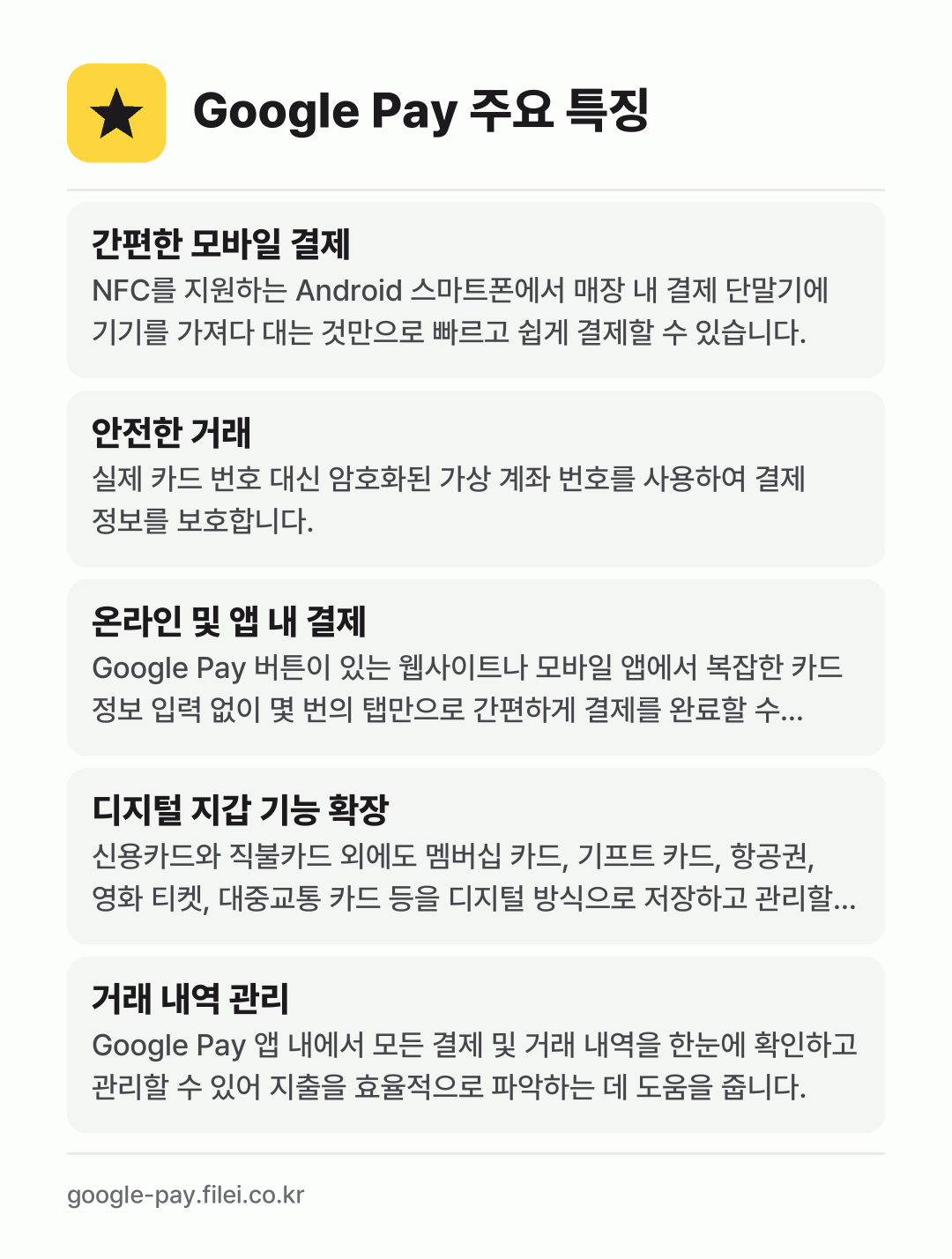Google Pay 주요 특징: 간편한 모바일 결제, 안전한 거래, 온라인 및 앱 내 결제, 디지털 지갑 기능 확장, 거래 내역 관리