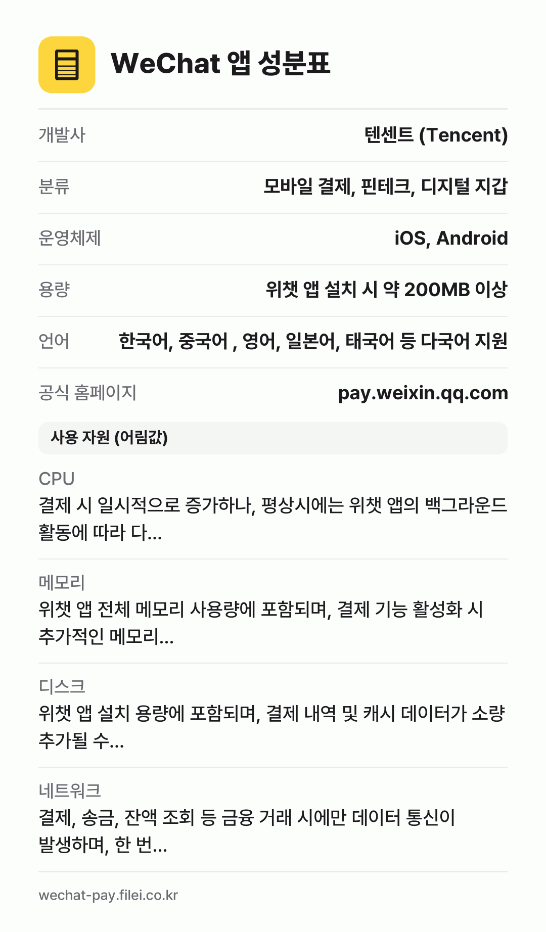 WeChat 앱 성분표: 개발사 텐센트 (Tencent), 분류 모바일 결제, 핀테크, 디지털 지갑, 운영체제 iOS, Android, 용량 위챗 앱 설치 시 약 200MB 이상, 언어 한국어, 중국어 , 영어, 일본어, 태국어 등 다국어 지원