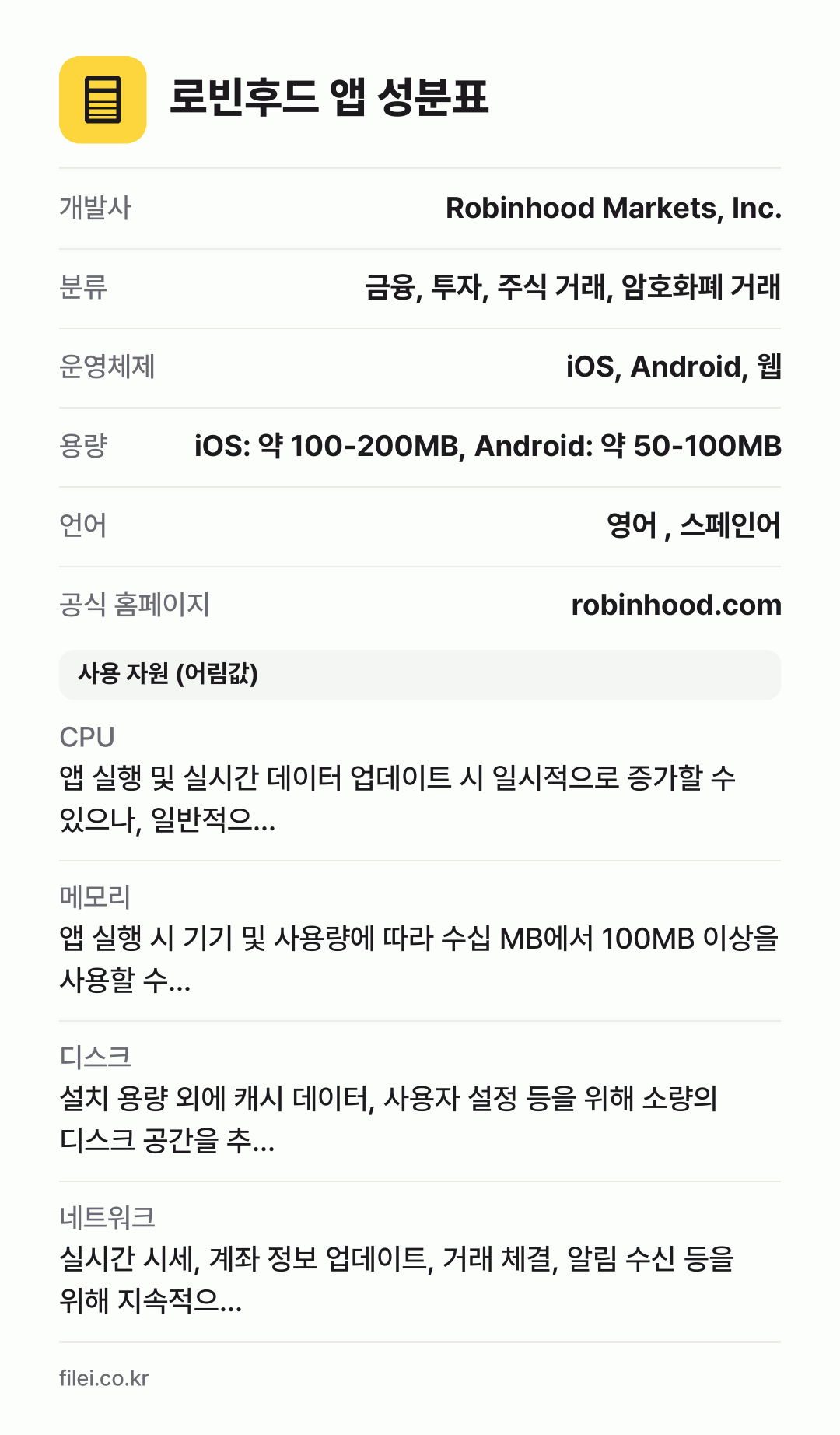 로빈후드 앱 성분표: 개발사 Robinhood Markets, Inc., 분류 금융, 투자, 주식 거래, 암호화폐 거래, 운영체제 iOS, Android, 웹, 용량 iOS: 약 100-200MB, Android: 약 50-100MB, 언어 영어 , 스페인어