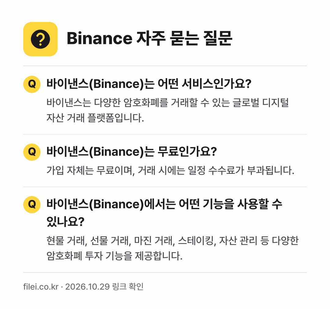 Binance 자주 묻는 질문: 바이낸스(Binance)는 어떤 서비스인가요? / 바이낸스(Binance)는 무료인가요? / 바이낸스(Binance)에서는 어떤 기능을 사용할 수 있나요?