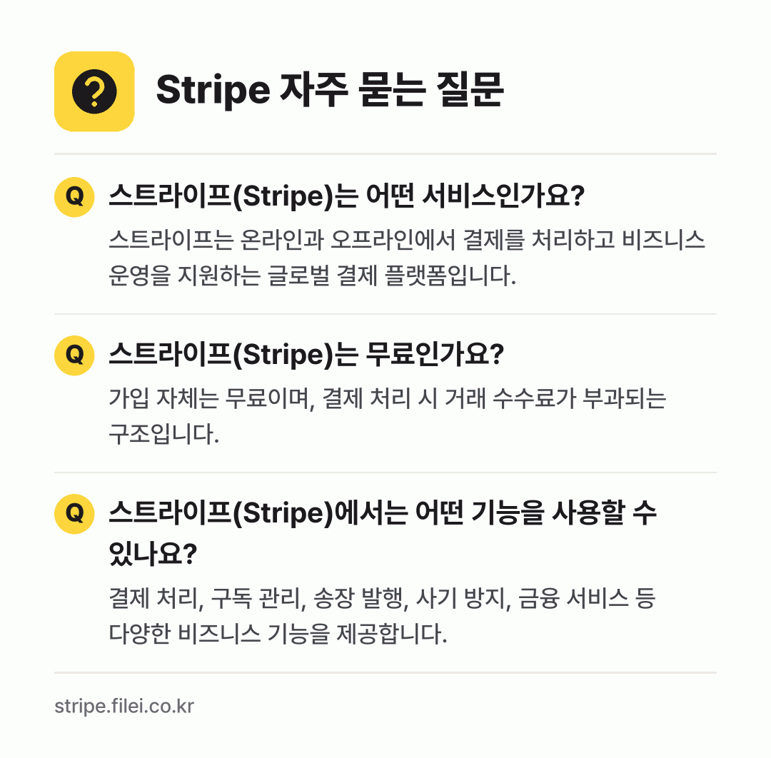 Stripe 자주 묻는 질문: 스트라이프(Stripe)는 어떤 서비스인가요? / 스트라이프(Stripe)는 무료인가요? / 스트라이프(Stripe)에서는 어떤 기능을 사용할 수 있나요?