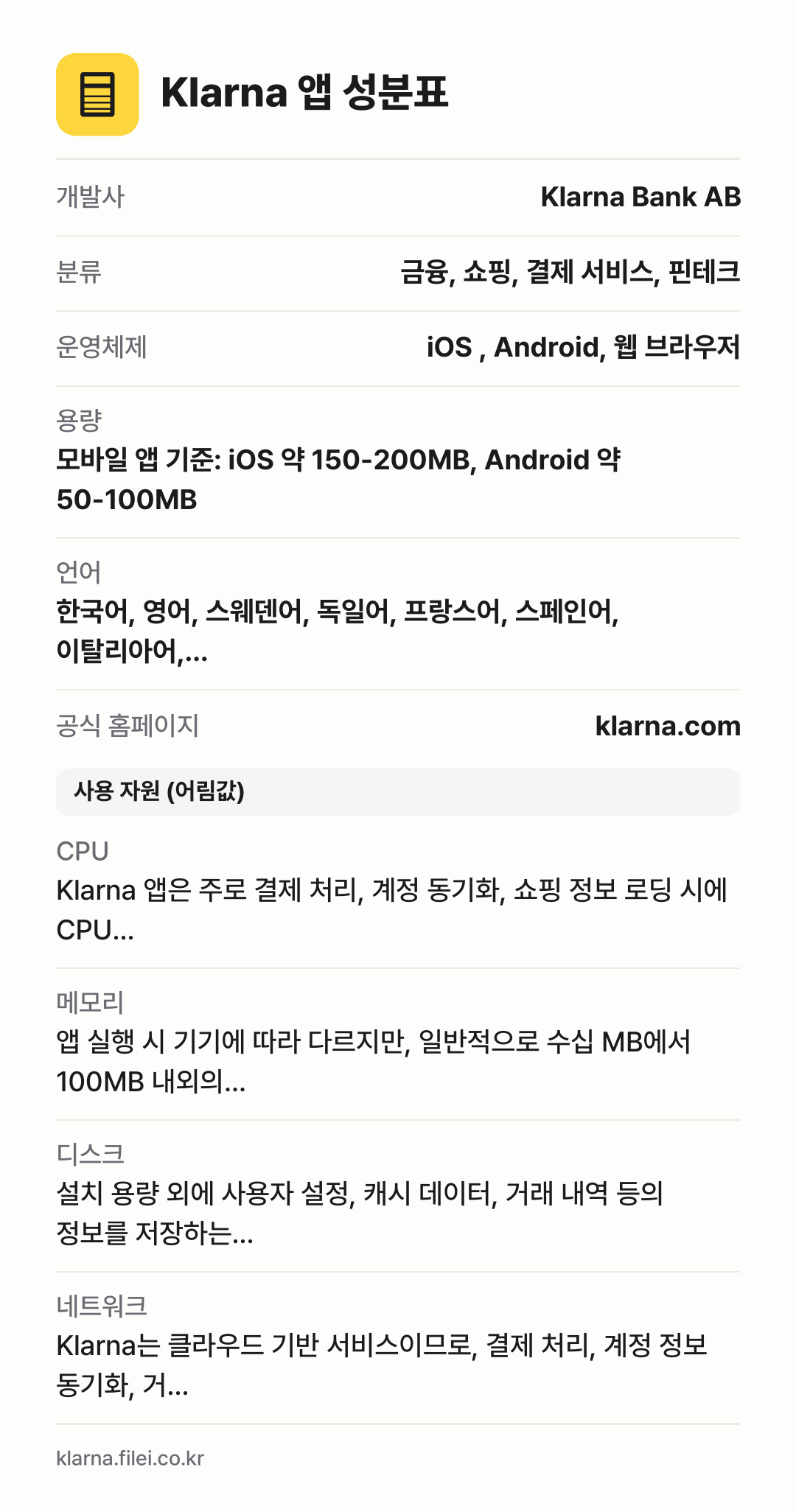 Klarna 앱 성분표: 개발사 Klarna Bank AB, 분류 금융, 쇼핑, 결제 서비스, 핀테크, 운영체제 iOS , Android, 웹 브라우저, 용량 모바일 앱 기준: iOS 약 150-200MB, Android 약 50-100MB, 언어 한국어, 영어, 스웨덴어, 독일어, 프랑스어, 스페인어, 이탈리아어,…