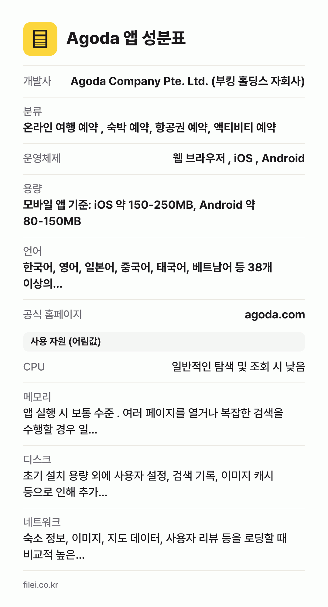 Agoda 앱 성분표: 개발사 Agoda Company Pte. Ltd. (부킹 홀딩스 자회사), 분류 온라인 여행 예약 , 숙박 예약, 항공권 예약, 액티비티 예약, 운영체제 웹 브라우저 , iOS , Android, 용량 모바일 앱 기준: iOS 약 150-250MB, Android 약 80-150MB, 언어 한국어, 영어, 일본어, 중국어, 태국어,