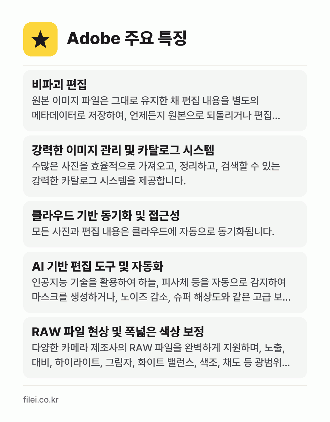 Adobe 주요 특징: 비파괴 편집, 강력한 이미지 관리 및 카탈로그 시스템, 클라우드 기반 동기화 및 접근성, AI 기반 편집 도구 및 자동화, RAW 파일 현상 및 폭넓은 색상 보정