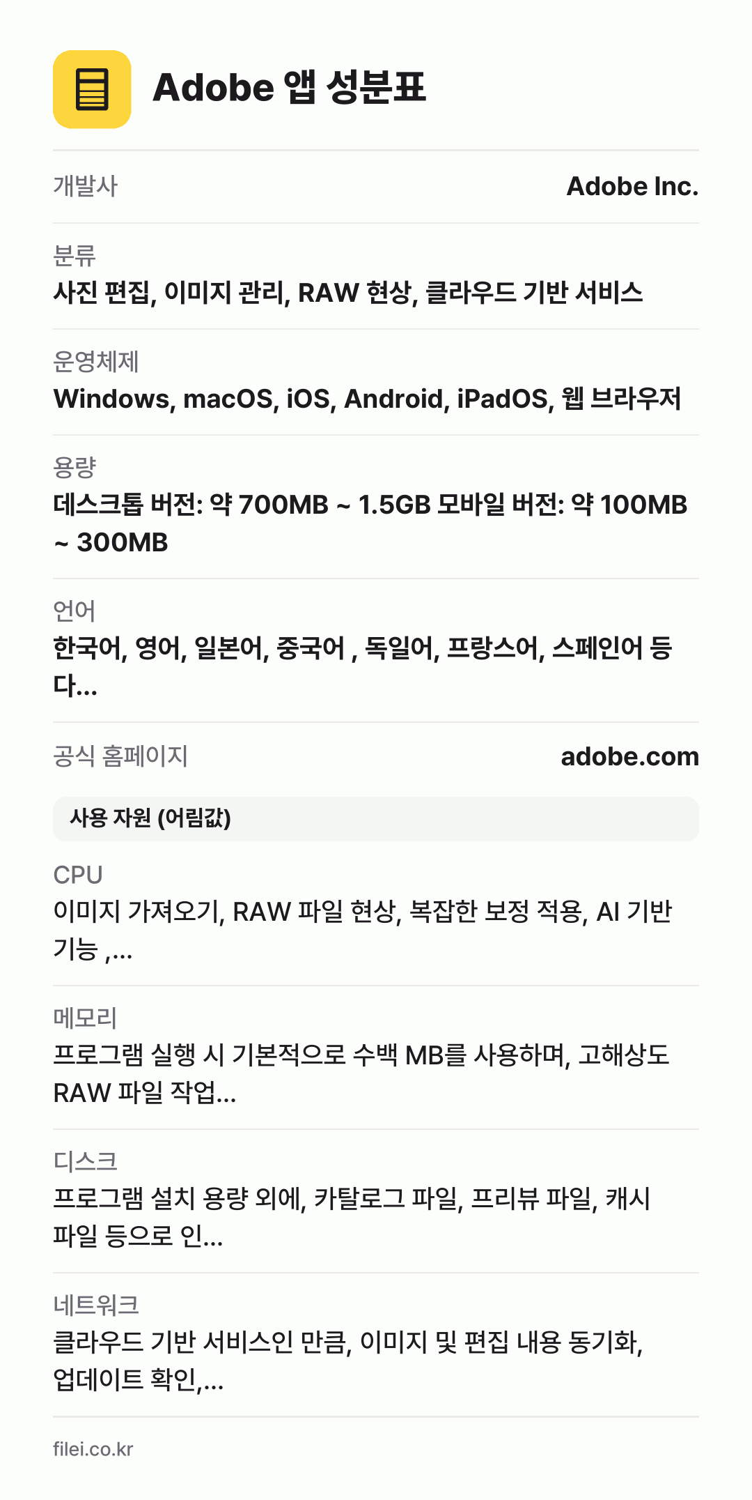 Adobe 앱 성분표: 개발사 Adobe Inc., 분류 사진 편집, 이미지 관리, RAW 현상, 클라우드 기반 서비스, 운영체제 Windows, macOS, iOS, Android, iPadOS, 웹 브라우저, 용량 데스크톱 버전: 약 700MB ~ 1.5GB 모바일 버전: 약 100MB ~ 300MB, 언어 한국어, 영어, 일본어, 중국어 , 독일어,