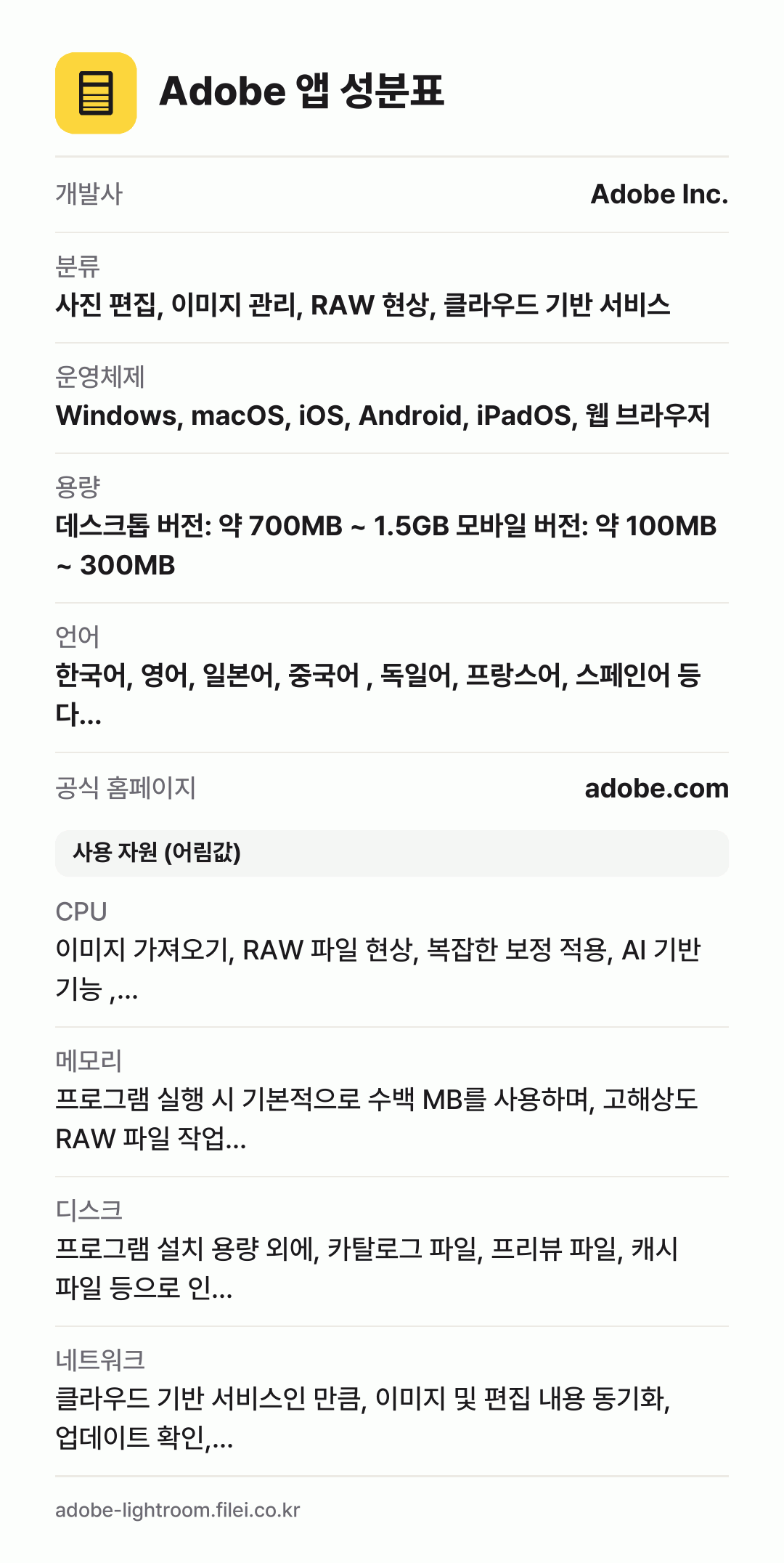 Adobe 앱 성분표: 개발사 Adobe Inc., 분류 사진 편집, 이미지 관리, RAW 현상, 클라우드 기반 서비스, 운영체제 Windows, macOS, iOS, Android, iPadOS, 웹 브라우저, 용량 데스크톱 버전: 약 700MB ~ 1.5GB 모바일 버전: 약 100MB ~ 300MB, 언어 한국어, 영어, 일본어, 중국어 , 독일어,