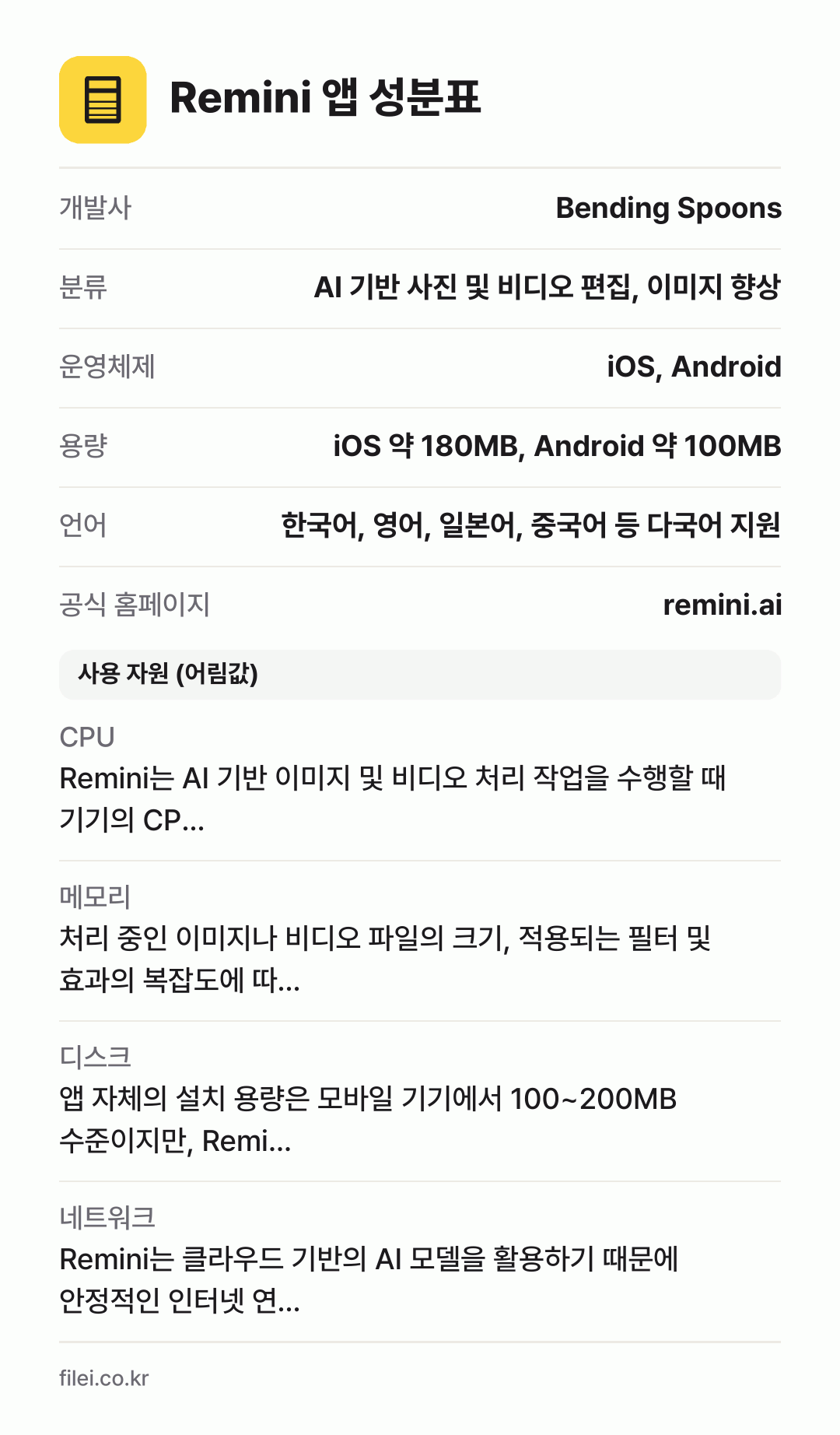 Remini 앱 성분표: 개발사 Bending Spoons, 분류 AI 기반 사진 및 비디오 편집, 이미지 향상, 운영체제 iOS, Android, 용량 iOS 약 180MB, Android 약 100MB, 언어 한국어, 영어, 일본어, 중국어 등 다국어 지원
