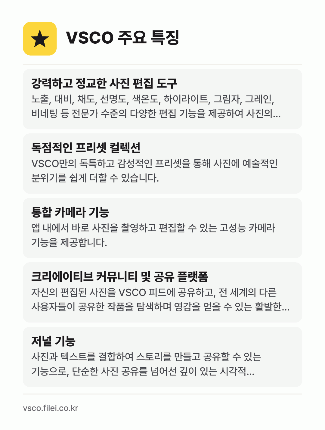 VSCO 주요 특징: 강력하고 정교한 사진 편집 도구, 독점적인 프리셋 컬렉션, 통합 카메라 기능, 크리에이티브 커뮤니티 및 공유 플랫폼, 저널 기능