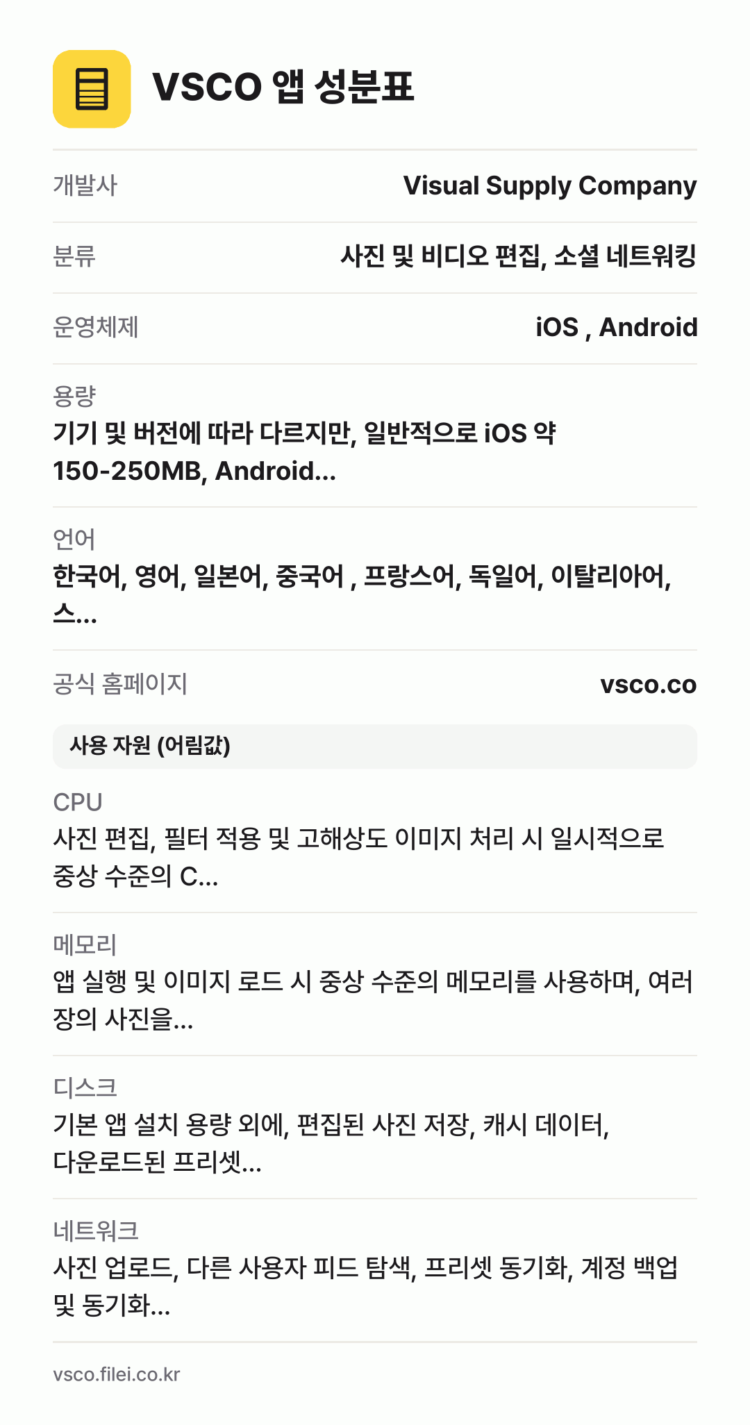 VSCO 앱 성분표: 개발사 Visual Supply Company, 분류 사진 및 비디오 편집, 소셜 네트워킹, 운영체제 iOS , Android, 용량 기기 및 버전에 따라 다르지만, 일반적으로 iOS 약 150-250MB, Android…, 언어 한국어, 영어, 일본어, 중국어 , 프랑스어, 독일어, 이탈리아어, 스…