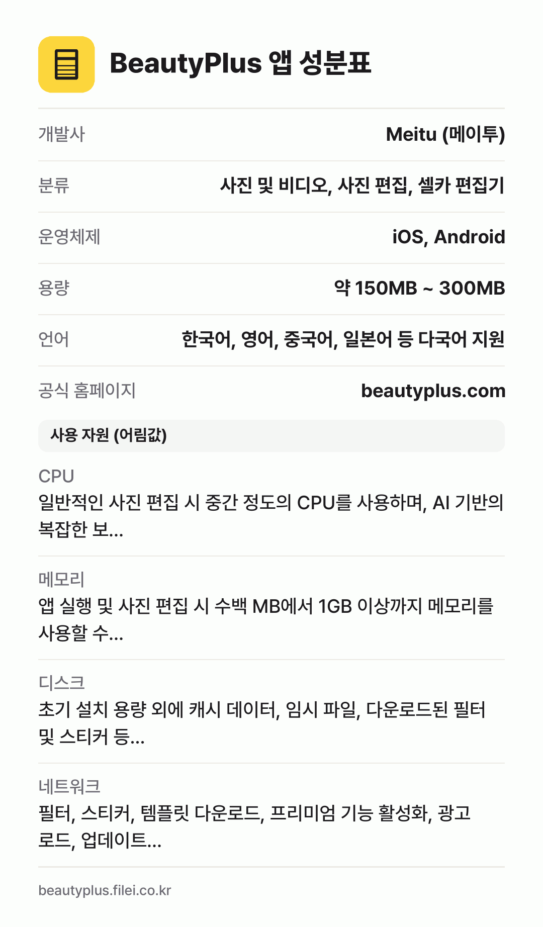 BeautyPlus 앱 성분표: 개발사 Meitu (메이투), 분류 사진 및 비디오, 사진 편집, 셀카 편집기, 운영체제 iOS, Android, 용량 약 150MB ~ 300MB, 언어 한국어, 영어, 중국어, 일본어 등 다국어 지원