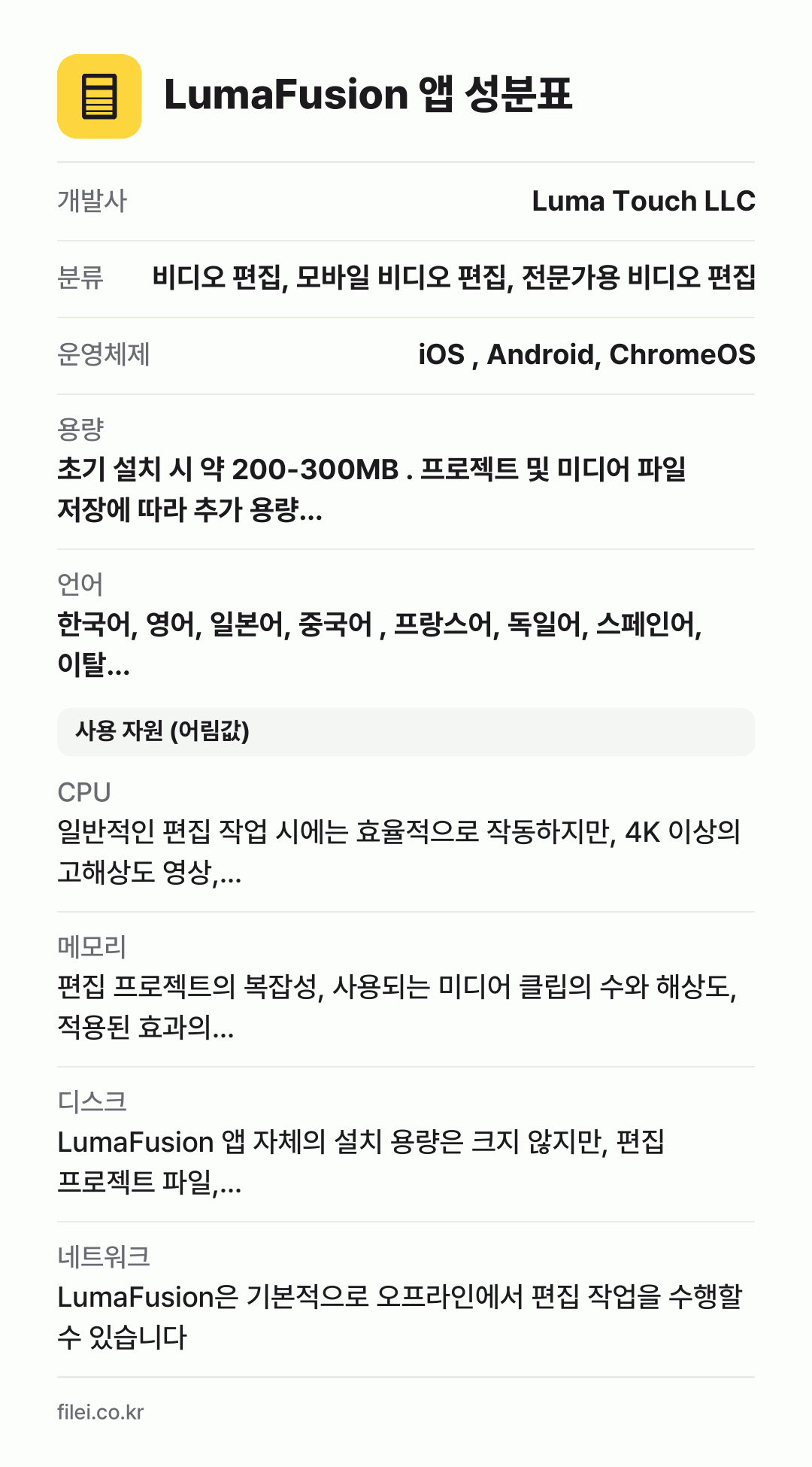 LumaFusion 앱 성분표: 개발사 Luma Touch LLC, 분류 비디오 편집, 모바일 비디오 편집, 전문가용 비디오 편집, 운영체제 iOS , Android, ChromeOS, 용량 초기 설치 시 약 200-300MB . 프로젝트 및 미디어 파일 저장에 따라 추가 용량…, 언어 한국어, 영어, 일본어, 중국어 , 프랑스어, 독일어, 스페인어, 이탈