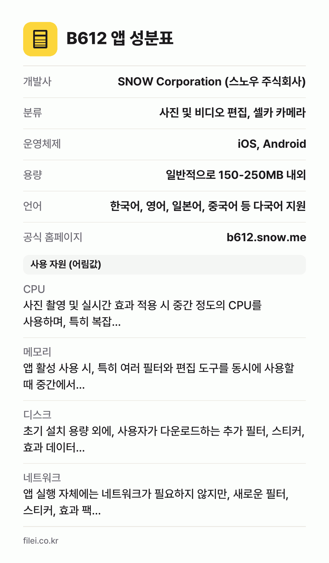 B612 앱 성분표: 개발사 SNOW Corporation (스노우 주식회사), 분류 사진 및 비디오 편집, 셀카 카메라, 운영체제 iOS, Android, 용량 일반적으로 150-250MB 내외, 언어 한국어, 영어, 일본어, 중국어 등 다국어 지원
