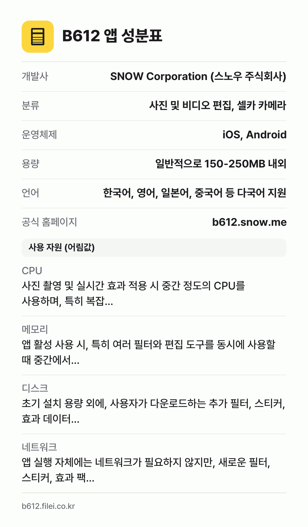 B612 앱 성분표: 개발사 SNOW Corporation (스노우 주식회사), 분류 사진 및 비디오 편집, 셀카 카메라, 운영체제 iOS, Android, 용량 일반적으로 150-250MB 내외, 언어 한국어, 영어, 일본어, 중국어 등 다국어 지원