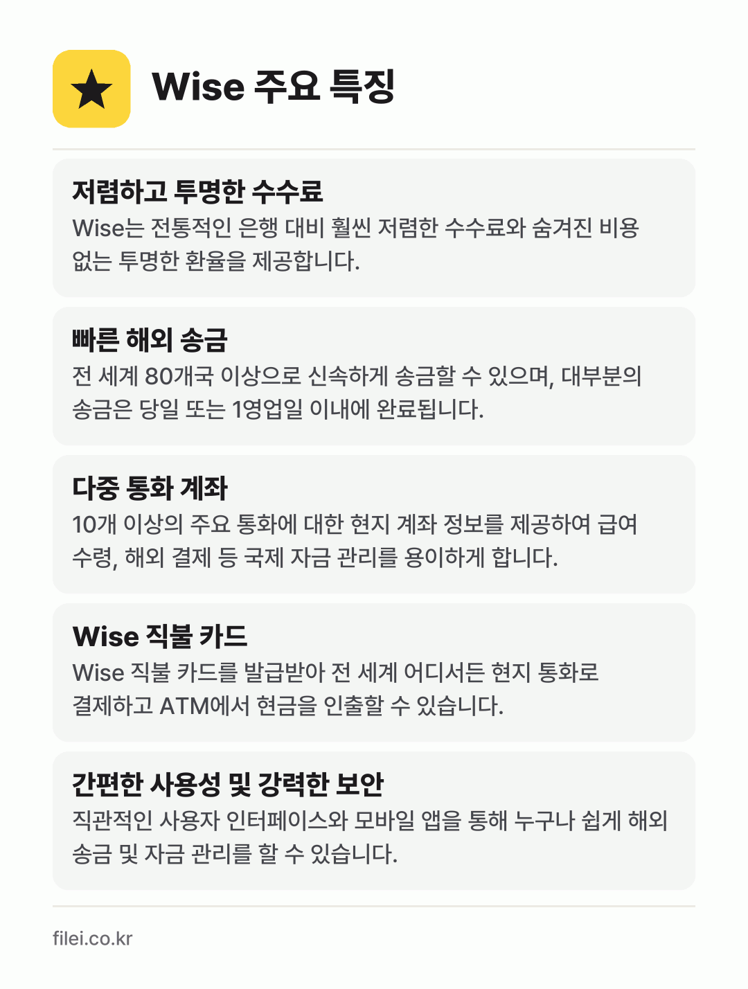 Wise 주요 특징: 저렴하고 투명한 수수료, 빠른 해외 송금, 다중 통화 계좌, Wise 직불 카드, 간편한 사용성 및 강력한 보안