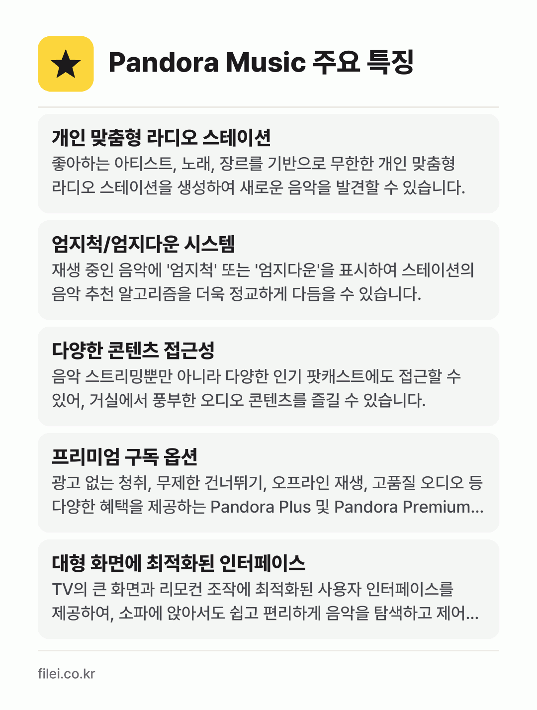 Pandora Music 주요 특징: 개인 맞춤형 라디오 스테이션, 엄지척/엄지다운 시스템, 다양한 콘텐츠 접근성, 프리미엄 구독 옵션, 대형 화면에 최적화된 인터페이스
