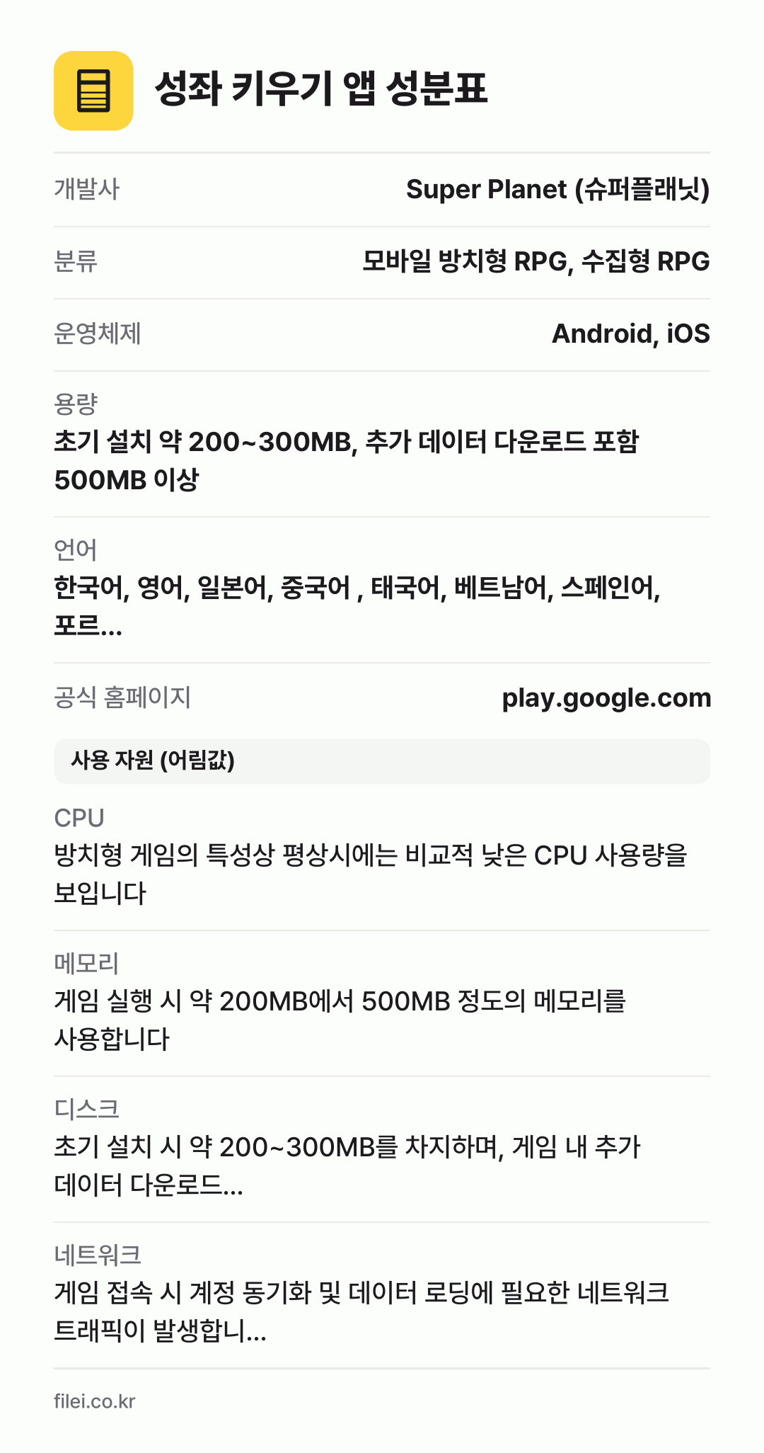 성좌 키우기 앱 성분표: 개발사 Super Planet (슈퍼플래닛), 분류 모바일 방치형 RPG, 수집형 RPG, 운영체제 Android, iOS, 용량 초기 설치 약 200~300MB, 추가 데이터 다운로드 포함 500MB 이상, 언어 한국어, 영어, 일본어, 중국어 , 태국어, 베트남어, 스페인어, 포르…