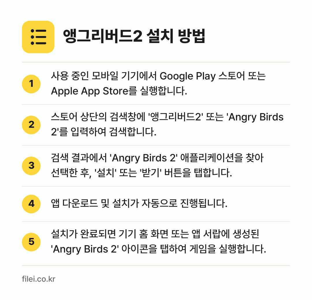 앵그리버드2 설치 방법: 사용 중인 모바일 기기에서 Google P… → 스토어 상단의 검색창에 '앵그리버드2' 또… → 검색 결과에서 'Angry Birds 2'… → 앱 다운로드 및 설치가 자동으로 진행됩니다. → 설치가 완료되면 기기 홈 화면 또는 앱 서…