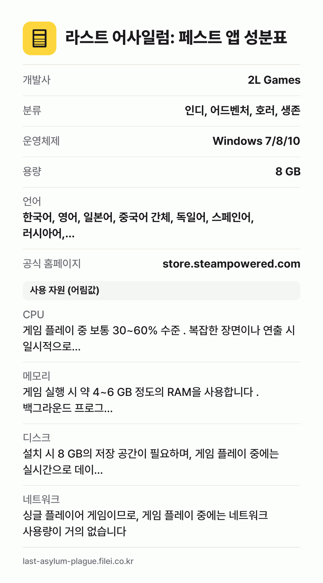 라스트 어사일럼: 페스트 앱 성분표: 개발사 2L Games, 분류 인디, 어드벤처, 호러, 생존, 운영체제 Windows 7/8/10, 용량 8 GB, 언어 한국어, 영어, 일본어, 중국어 간체, 독일어, 스페인어, 러시아어,…