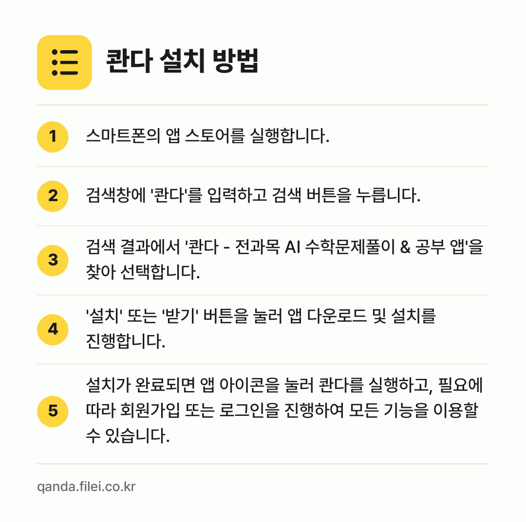 콴다 설치 방법: 스마트폰의 앱 스토어를 실행합니다. → 검색창에 '콴다'를 입력하고 검색 버튼을… → 검색 결과에서 '콴다 - 전과목 AI 수학… → '설치' 또는 '받기' 버튼을 눌러 앱 다… → 설치가 완료되면 앱 아이콘을 눌러 콴다를…