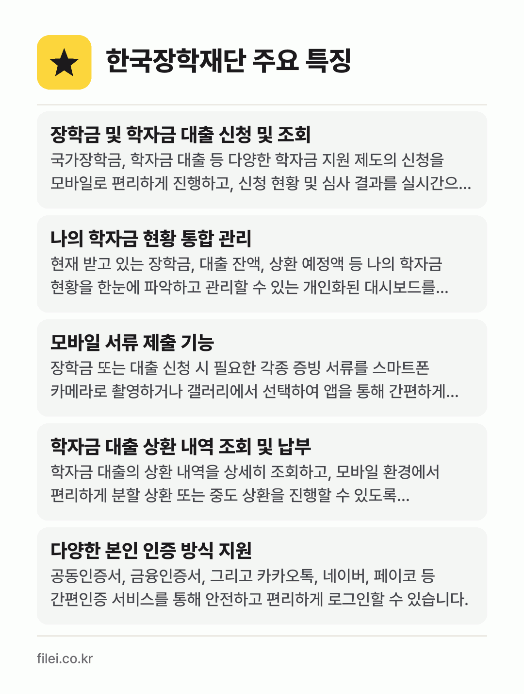 한국장학재단 주요 특징: 장학금 및 학자금 대출 신청 및 조회, 나의 학자금 현황 통합 관리, 모바일 서류 제출 기능, 학자금 대출 상환 내역 조회 및 납부, 다양한 본인 인증 방식 지원