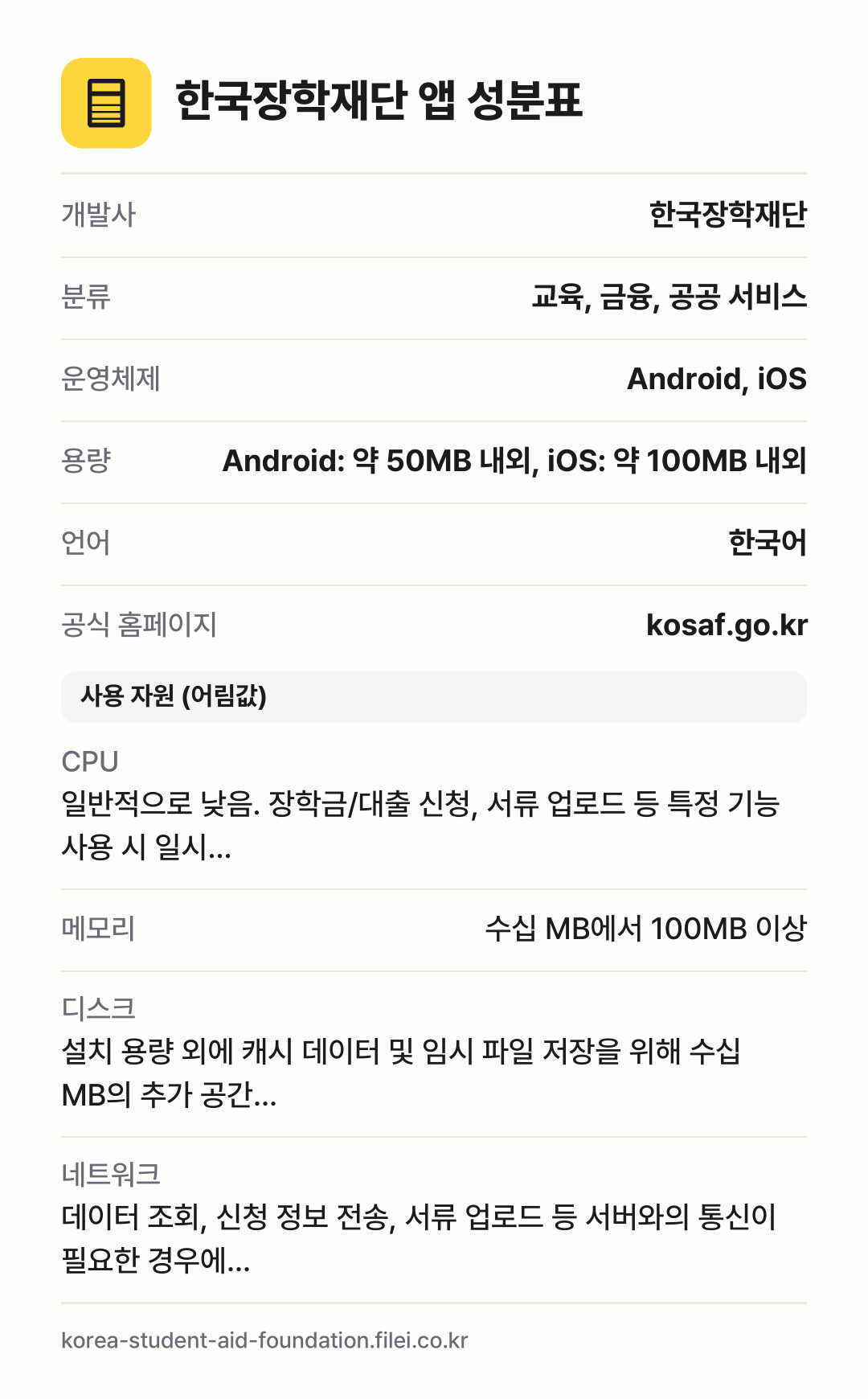 한국장학재단 앱 성분표: 개발사 한국장학재단, 분류 교육, 금융, 공공 서비스, 운영체제 Android, iOS, 용량 Android: 약 50MB 내외, iOS: 약 100MB 내외, 언어 한국어