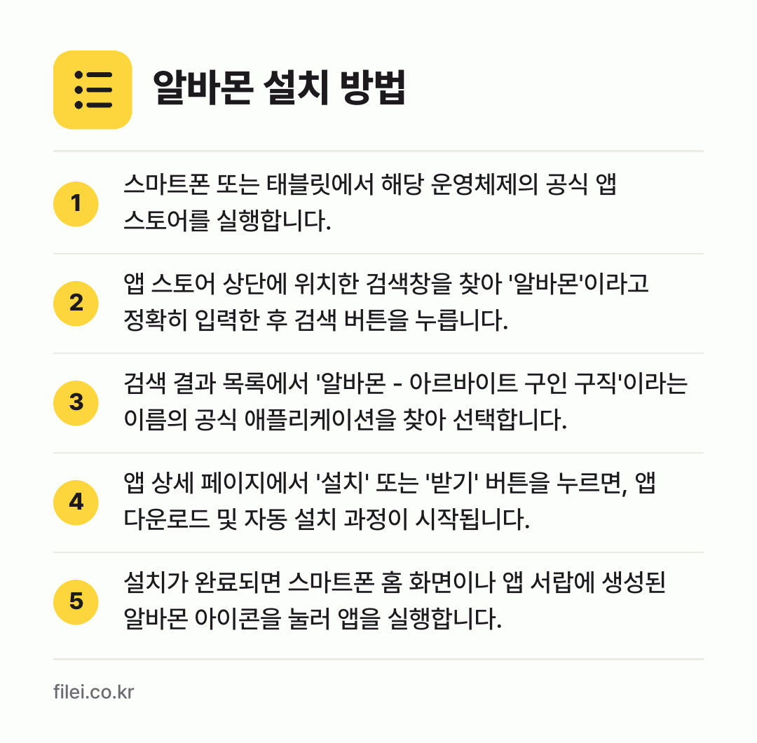 알바몬 설치 방법: 스마트폰 또는 태블릿에서 해당 운영체제의… → 앱 스토어 상단에 위치한 검색창을 찾아 '… → 검색 결과 목록에서 '알바몬 - 아르바이트… → 앱 상세 페이지에서 '설치' 또는 '받기'… → 설치가 완료되면 스마트폰 홈 화면이나 앱…
