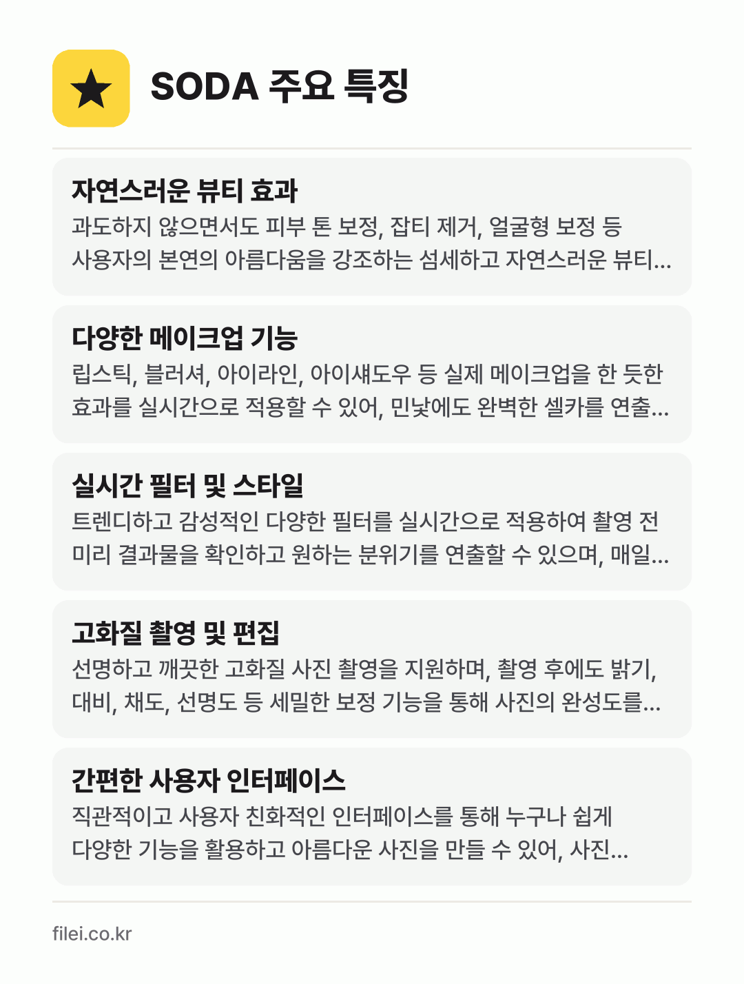 SODA 주요 특징: 자연스러운 뷰티 효과, 다양한 메이크업 기능, 실시간 필터 및 스타일, 고화질 촬영 및 편집, 간편한 사용자 인터페이스