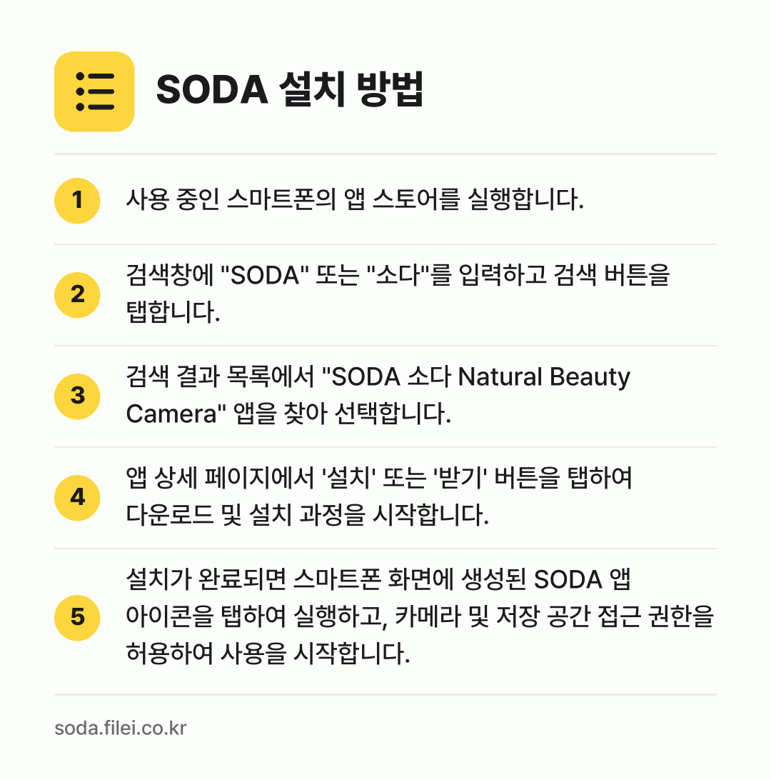 SODA 설치 방법: 사용 중인 스마트폰의 앱 스토어를 실행합니… → 검색창에 "SODA" 또는 "소다"를 입력… → 검색 결과 목록에서 "SODA 소다 Nat… → 앱 상세 페이지에서 '설치' 또는 '받기'… → 설치가 완료되면 스마트폰 화면에 생성된 S…