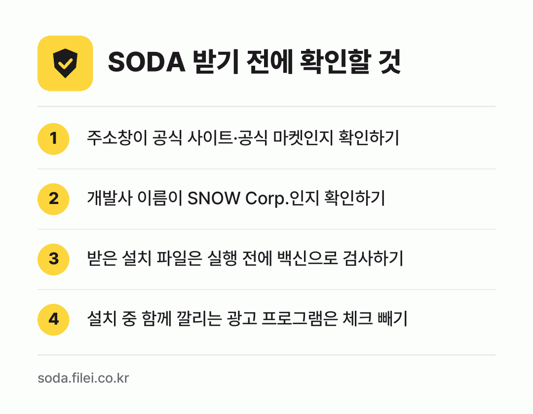 SODA 받기 전에 확인할 것: 주소창이 공식 사이트·공식 마켓인지 확인하기, 개발사 이름이 SNOW Corp.인지 확인하기, 받은 설치 파일은 실행 전에 백신으로 검사하기, 설치 중 함께 깔리는 광고 프로그램은 체크 빼기