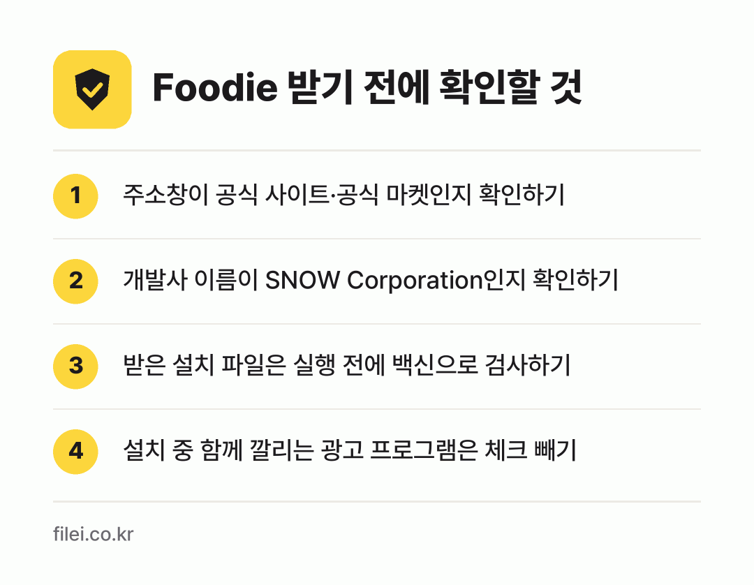 Foodie 받기 전에 확인할 것: 주소창이 공식 사이트·공식 마켓인지 확인하기, 개발사 이름이 SNOW Corporation인지 확인하기, 받은 설치 파일은 실행 전에 백신으로 검사하기, 설치 중 함께 깔리는 광고 프로그램은 체크 빼기